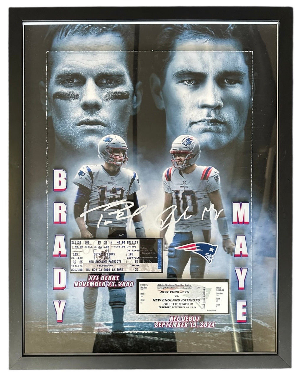 New England Patriots - Tom Brady & Drake Maye with replica debut game tickets