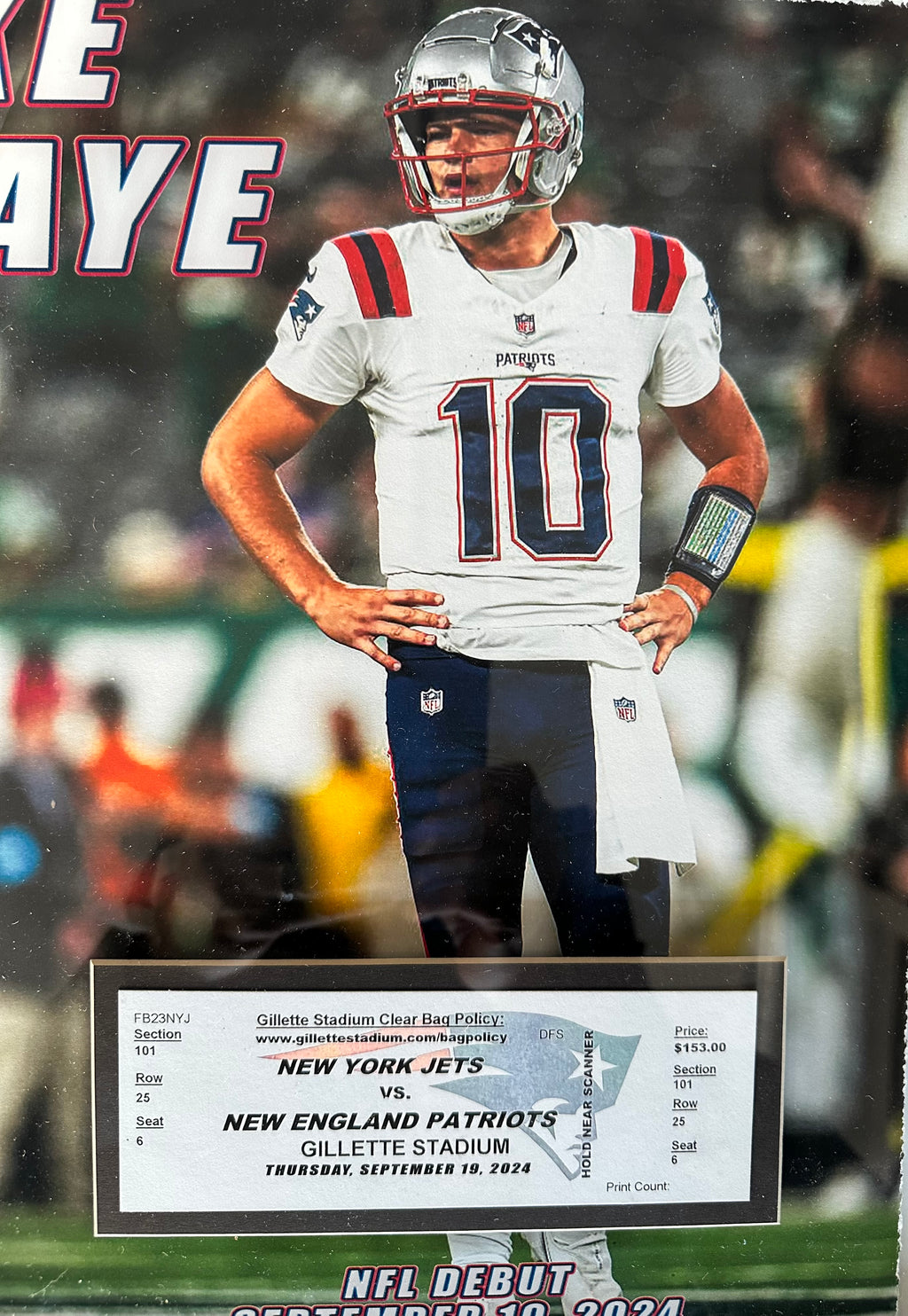 New England Patriots - Drake Maye with debut game ticket