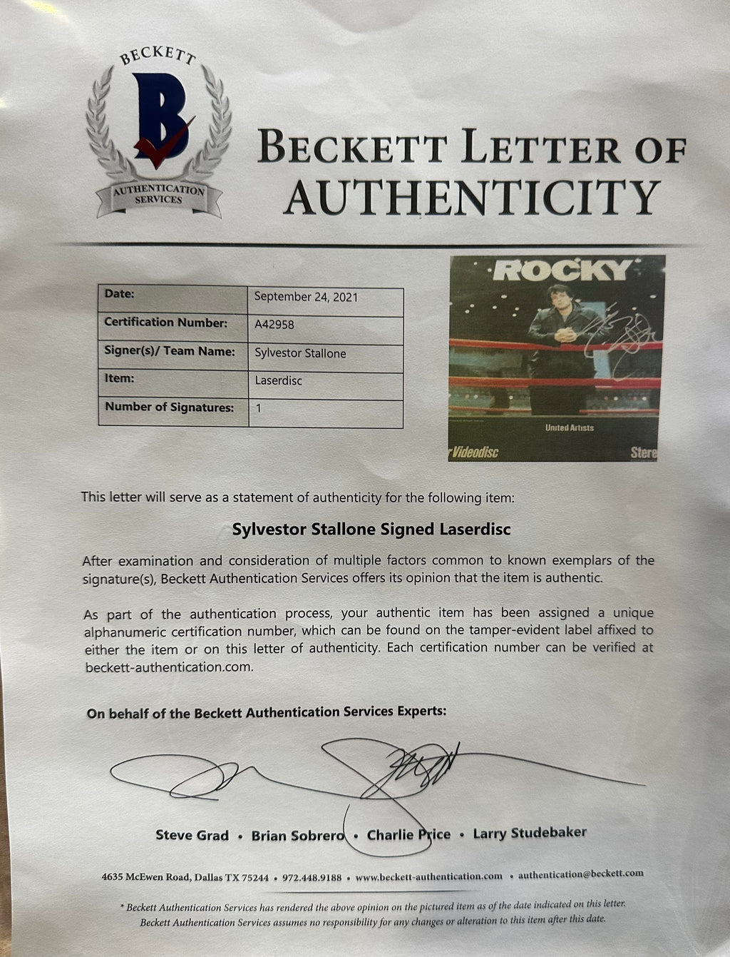 Rocky the "Italian Stallion" - Autographed Laser Disc