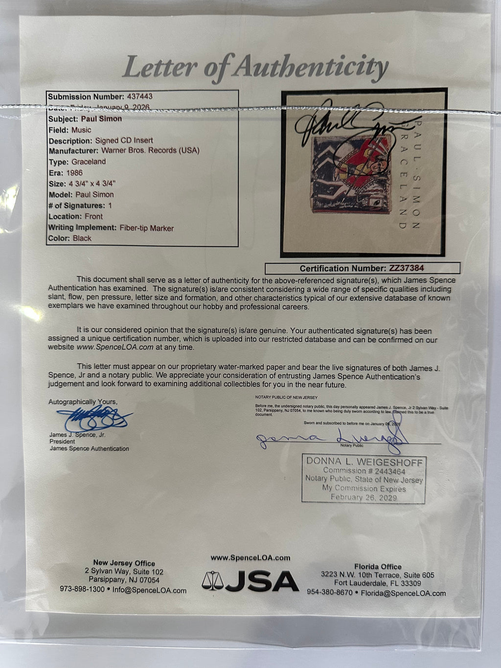 Paul Simon autographed CD insert