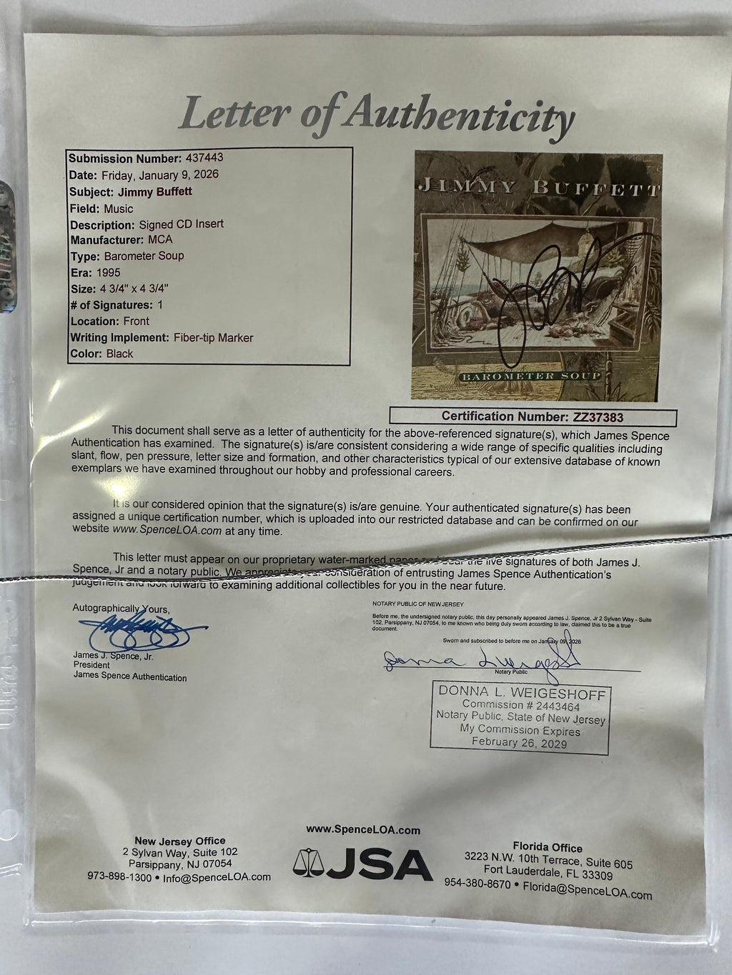 Jimmy Buffet autographed CD insert with license plate