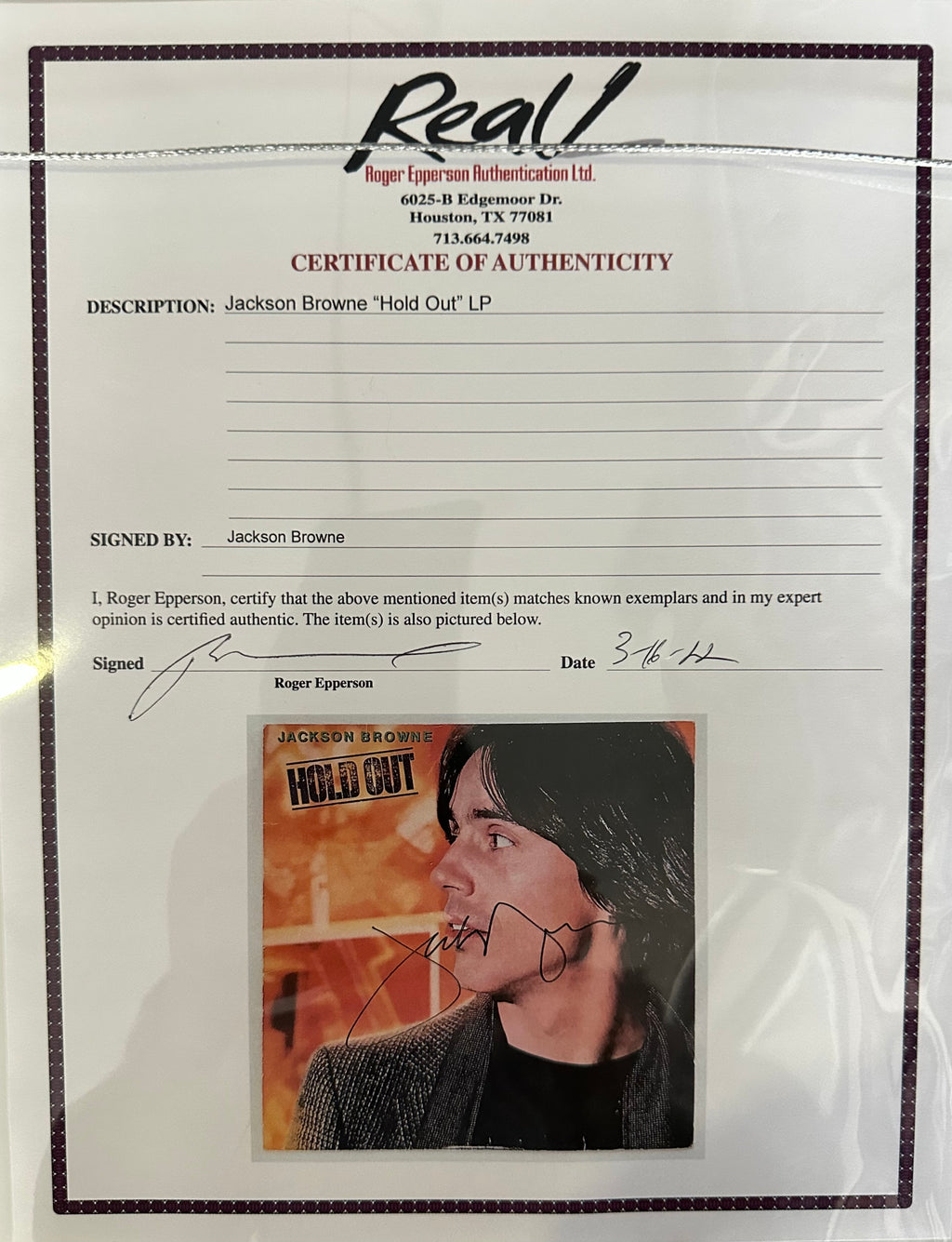 Jackson Brown autographed "Hold Out" album cover