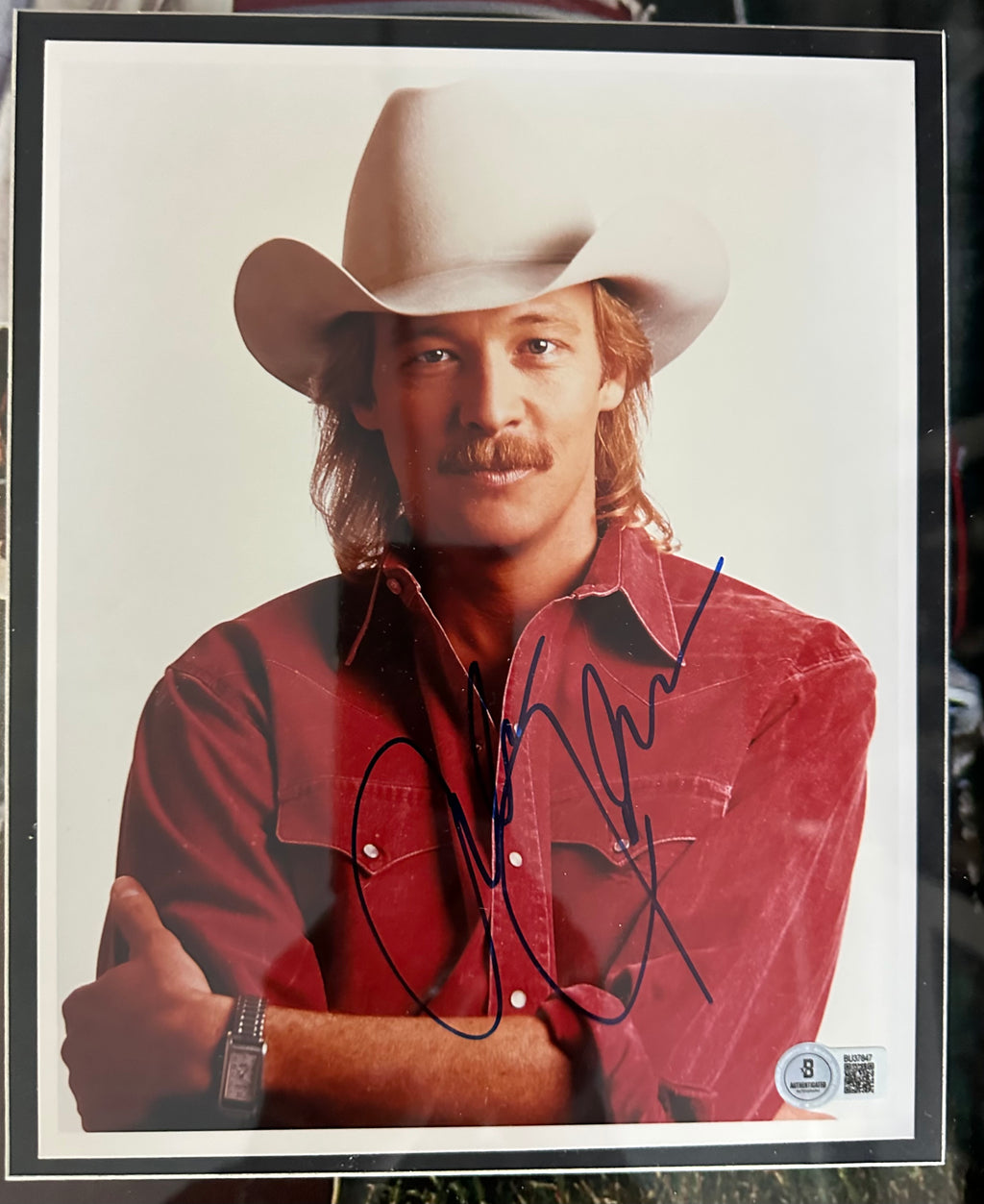 Alan Jackson autographed 8x10 photo and image of him sitting on hood of his mustang