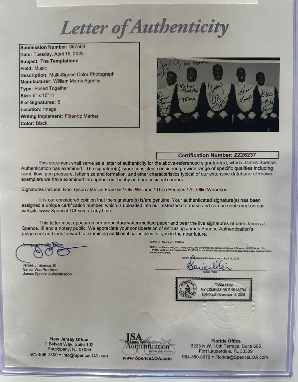 The Temptations band autographed with "My Girl" sheet music