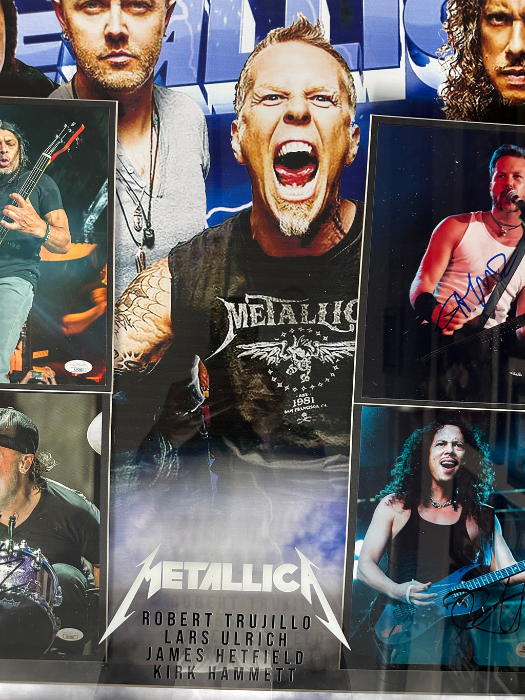 Metallica band autographed collage - Robert Trujillo, Lars Ulrich, James Hetfield, Kirk Hammett