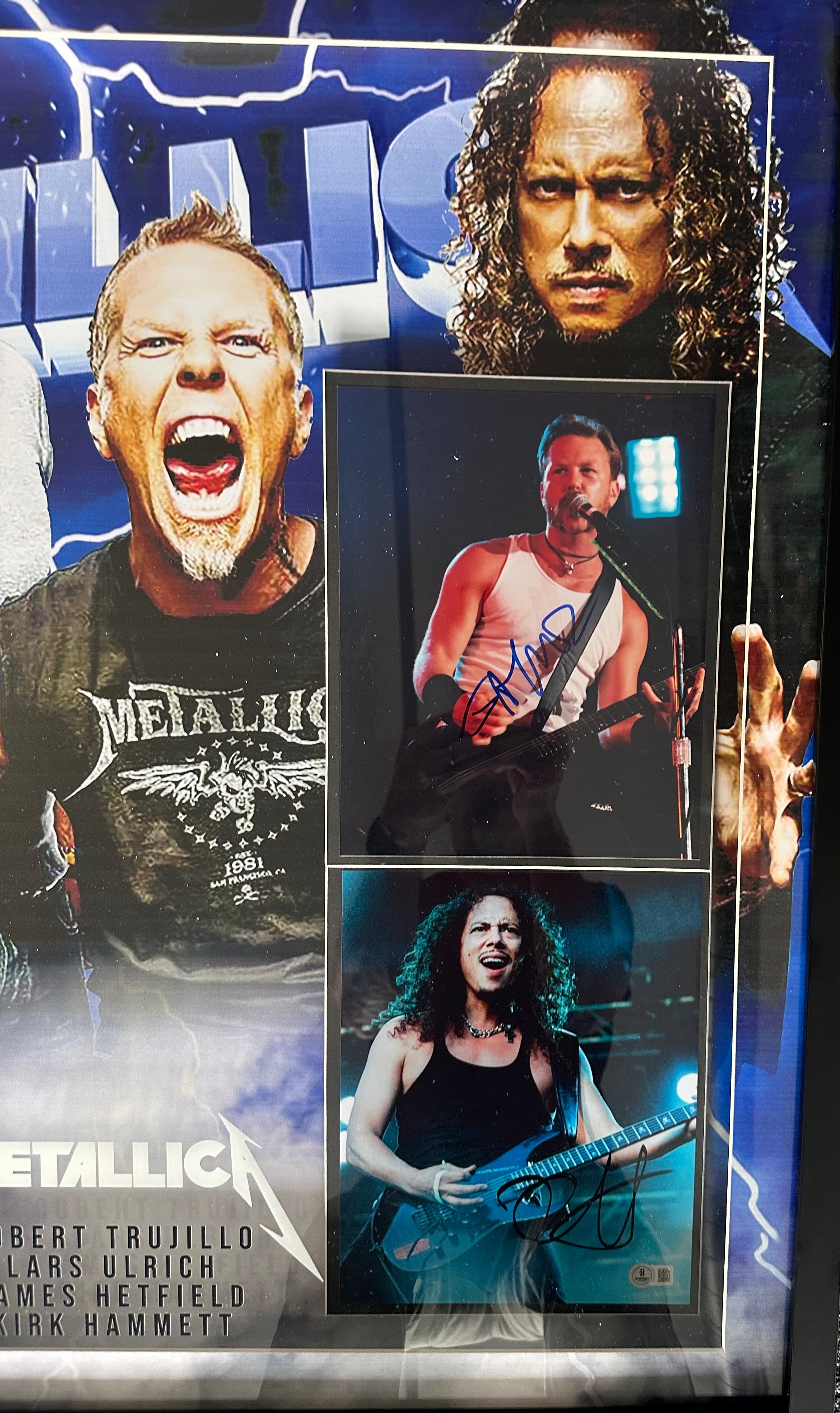 Metallica band autographed collage - Robert Trujillo, Lars Ulrich, James Hetfield, Kirk Hammett