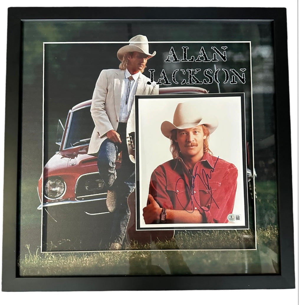 Alan Jackson autographed 8x10 photo and image of him sitting on hood of his mustang