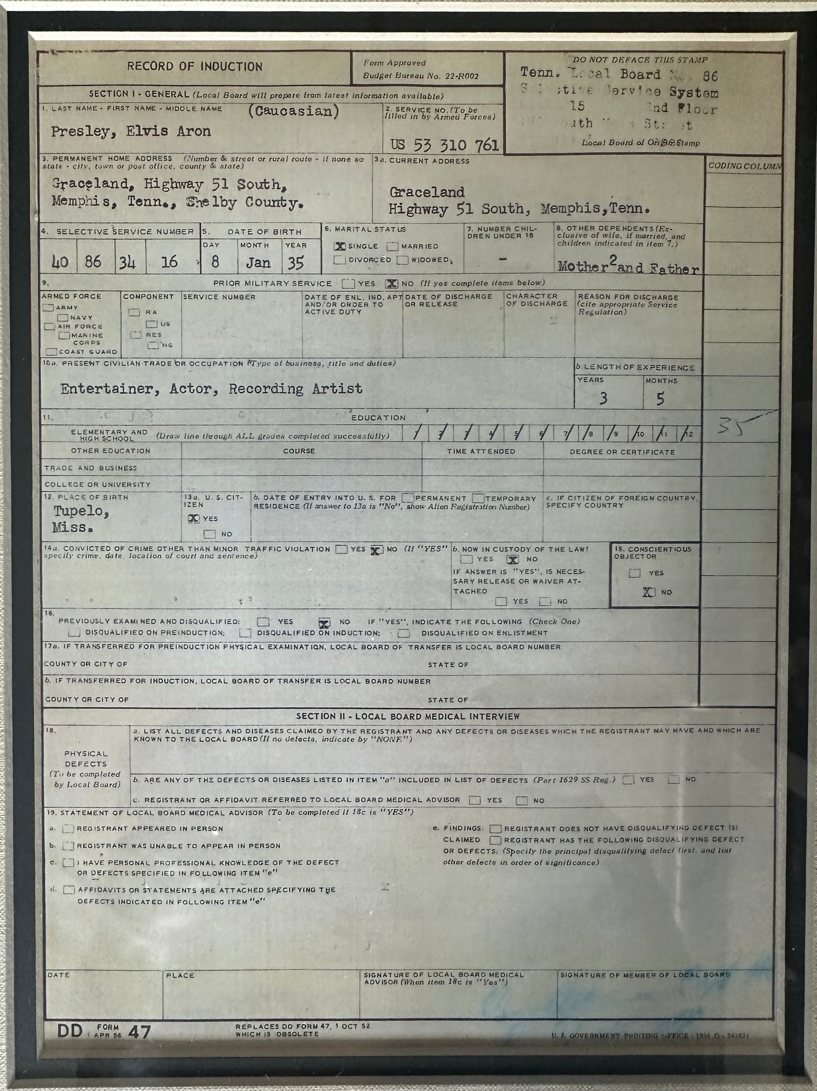 Elvis Presley Army induction papers and fingerprint replica