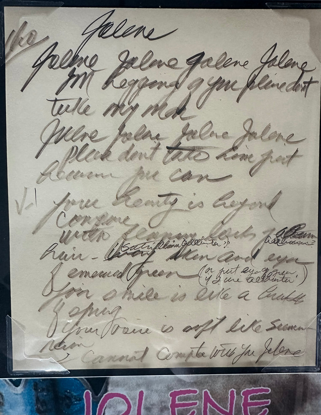 Dolly Parton with Hand-Written Jolene lyrics