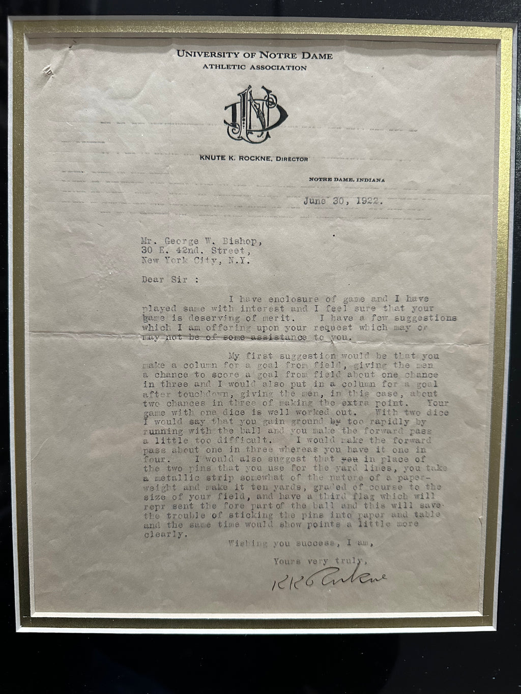 Notre Dame - Knute Rockne signed letter/College Football HOF 1951