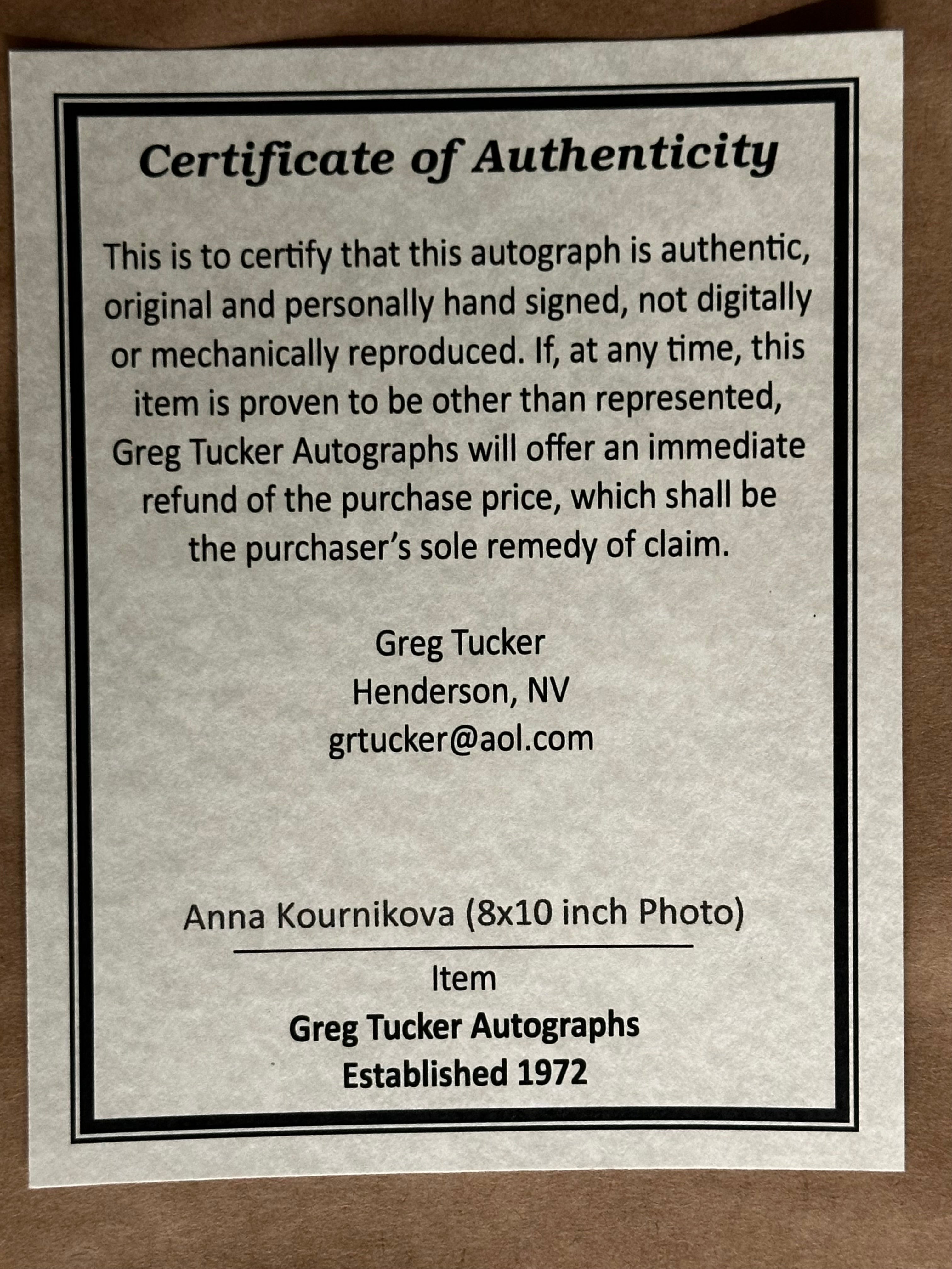 Russian Tennis Player - Anna Kournikovia Autographed 8 x 10