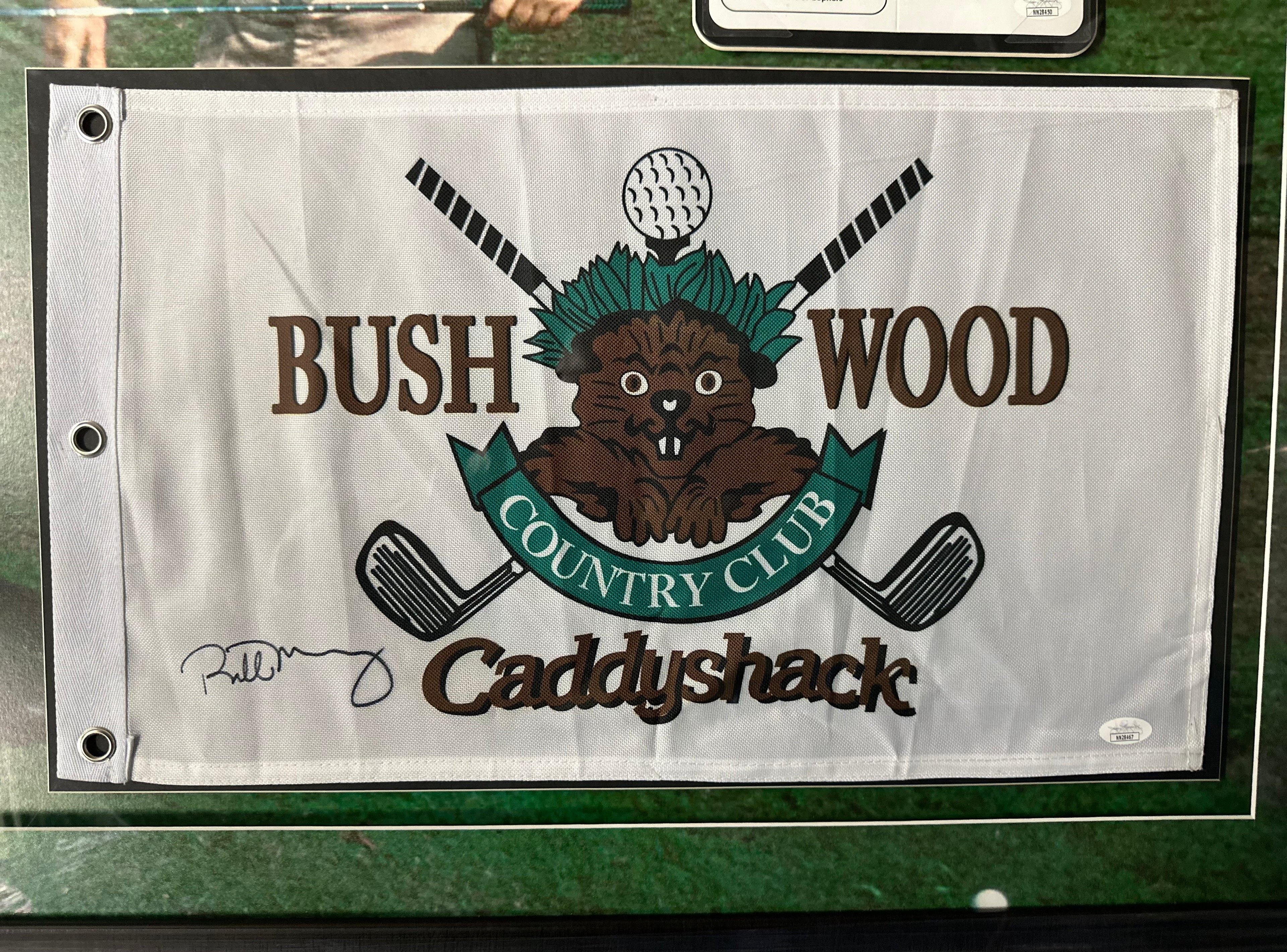 Caddyshack Bush Wood Card and Flag signed by Chevy Chase & Bill Murray