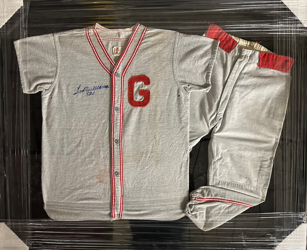 Ted Williams framed autographed Pony League Jersey with letter "G"
