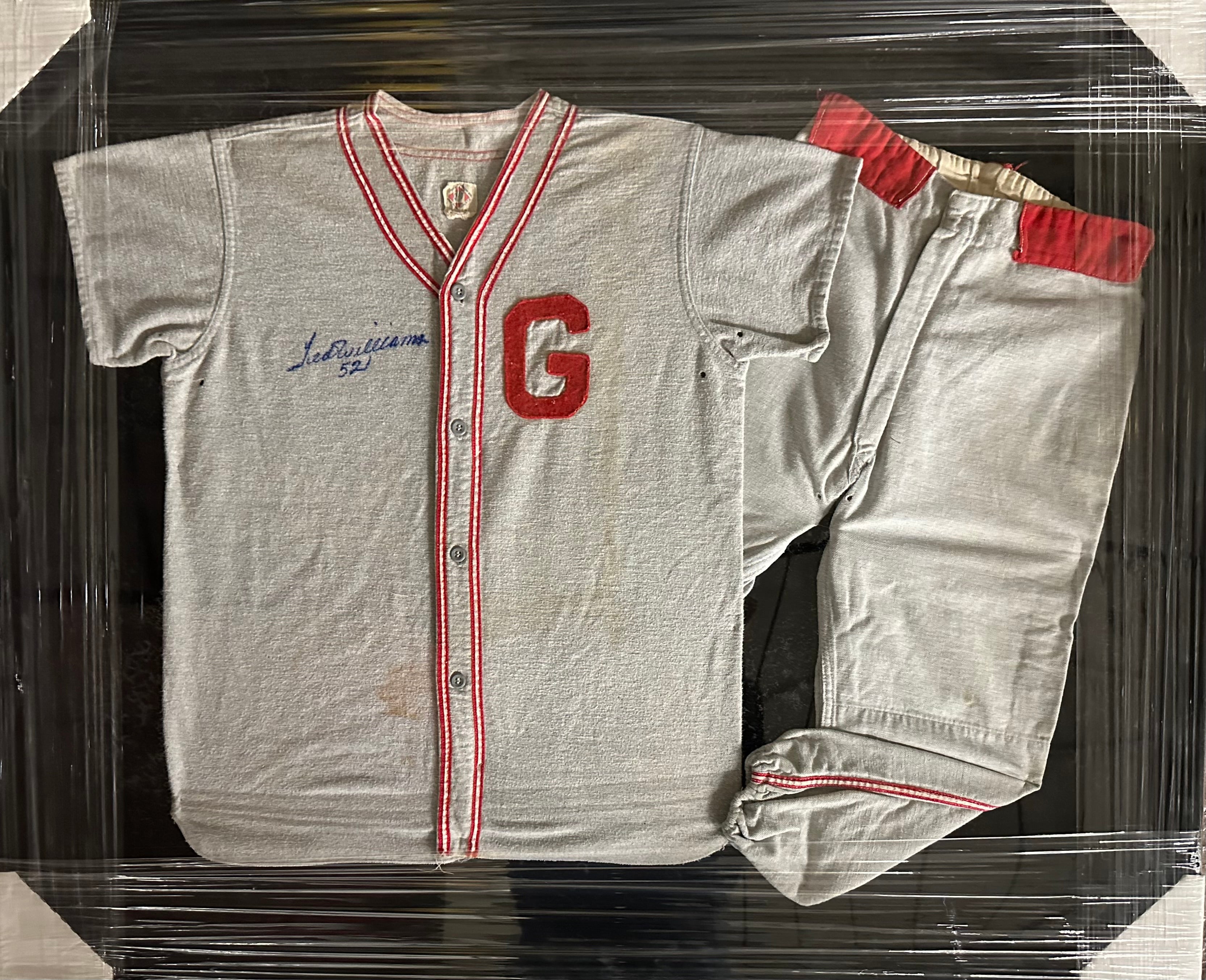 Ted Williams framed autographed Pony League Jersey with letter "G"