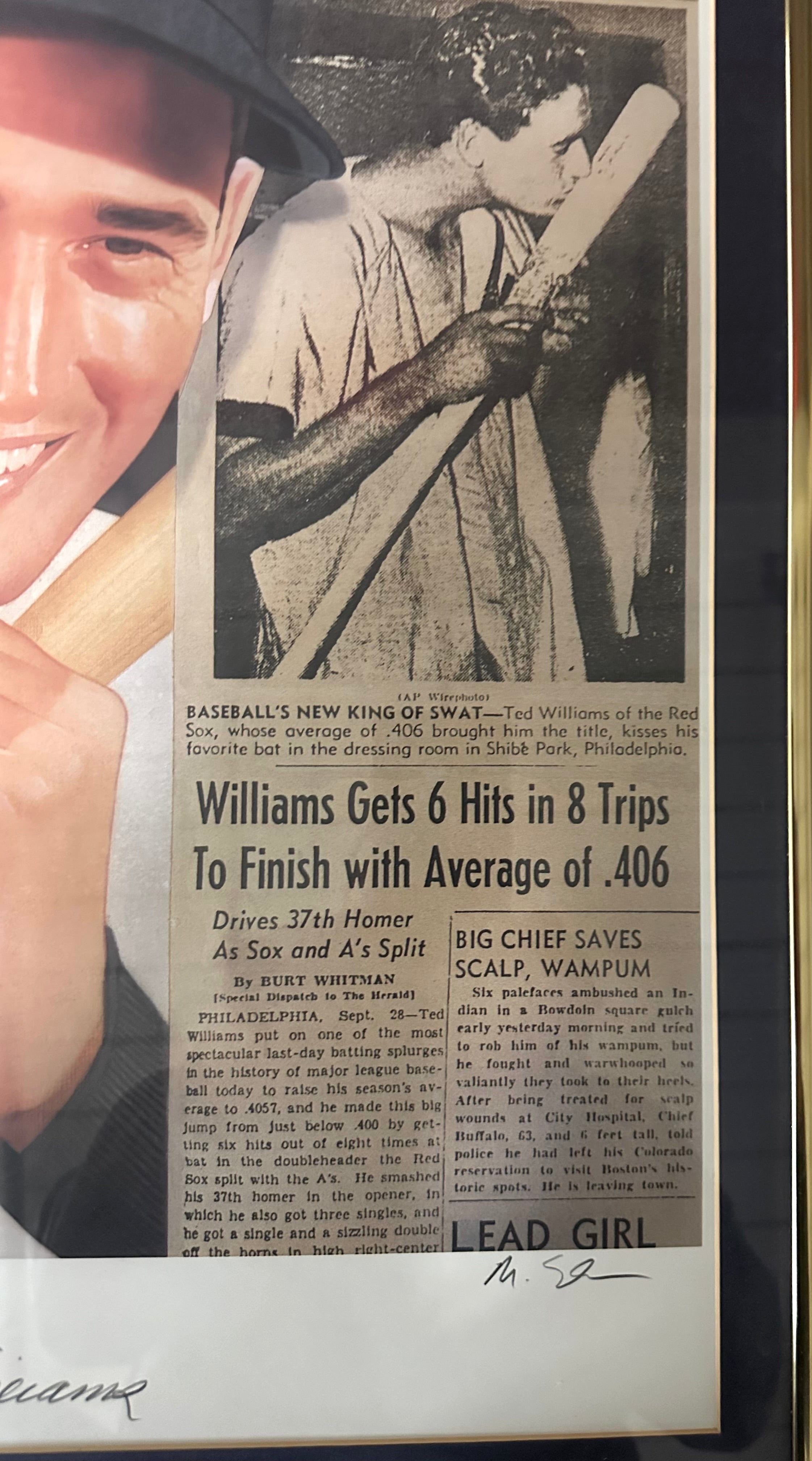 Boston Red Sox - Ted Williams autographed Lithograph collage with newspaper clip