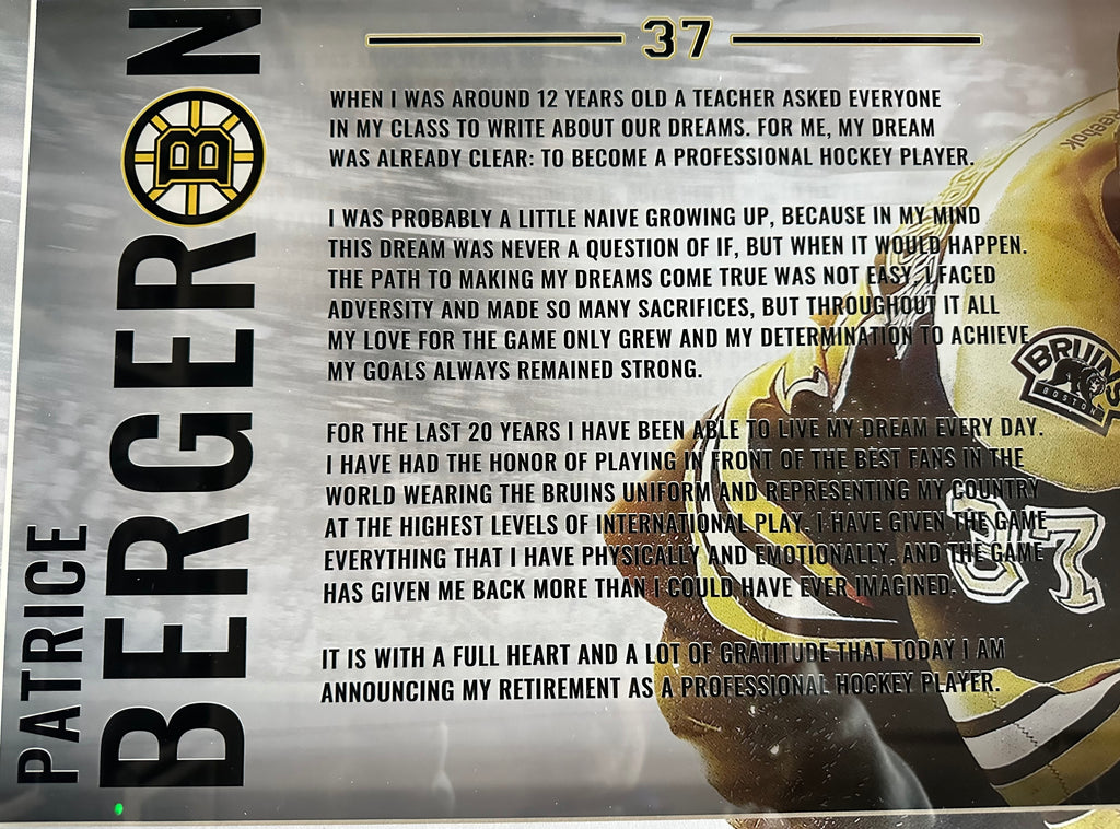 Patrice Bergeron with Retirement Quote and LED Lighting