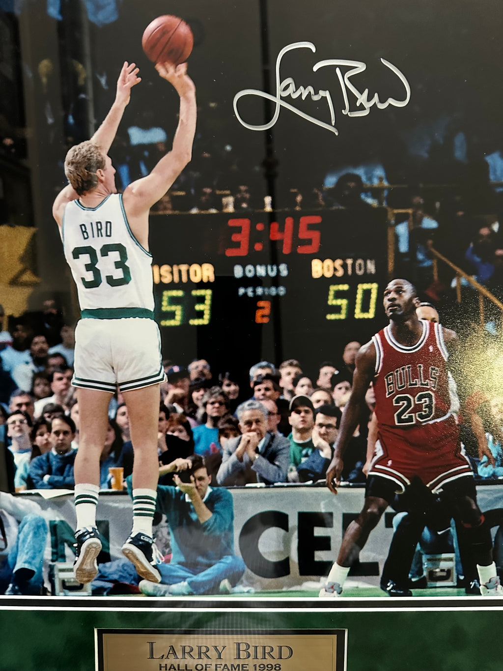Boston Celtics - Larry Bird shooting over Michael Jordan - Autographed by Larry