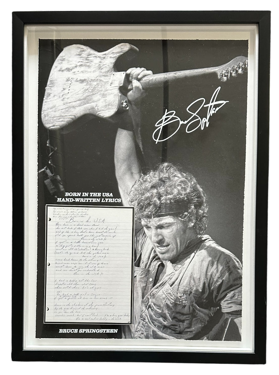 Bruce Springsteen with Replica handwritten lyrics to "Born in the USA"