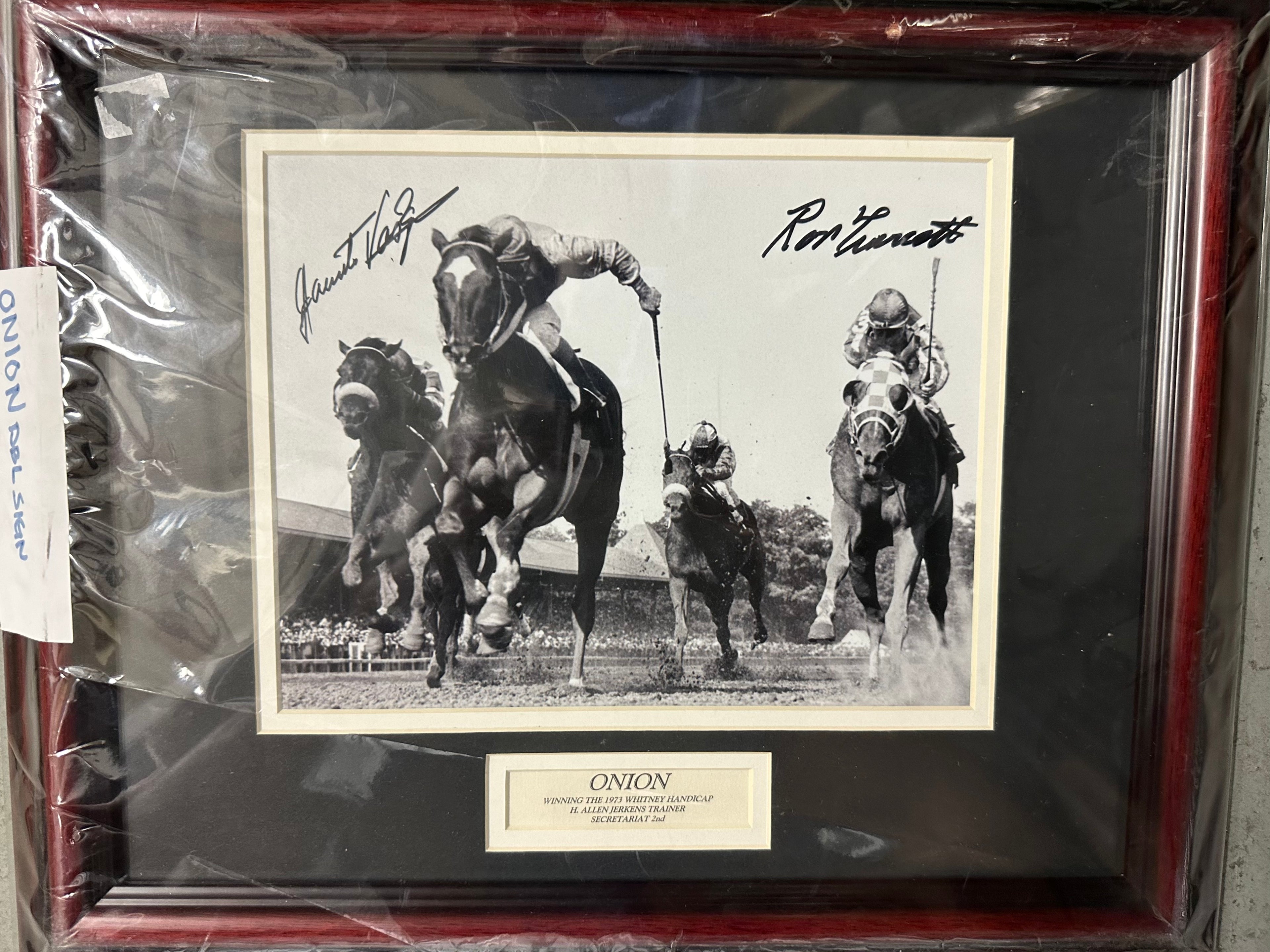 Ron Turcotte and Jacinto Vasquez Autographed 8 x 10 with Horse "Onion"