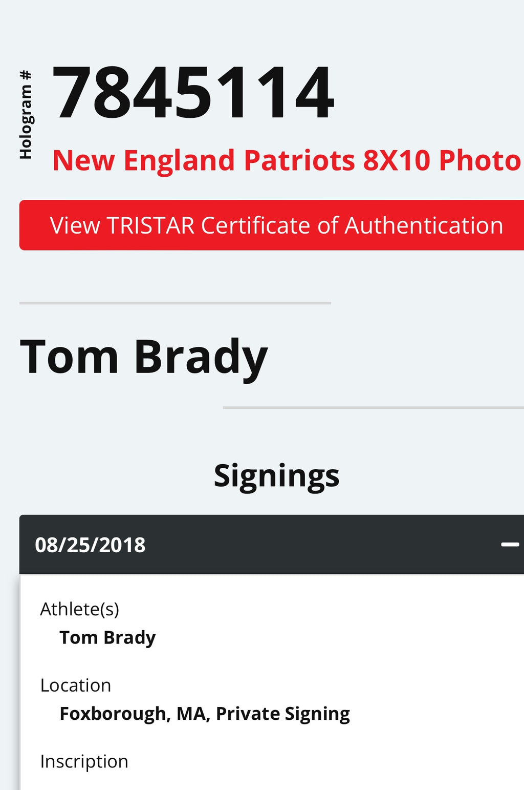 Tom Brady Autographed 8 x 10 photo