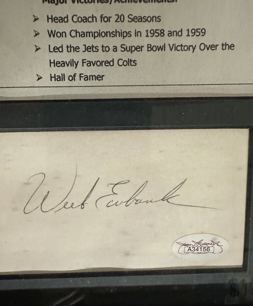 NY Jets - Coach Weeb Ewbank Autographed Cut