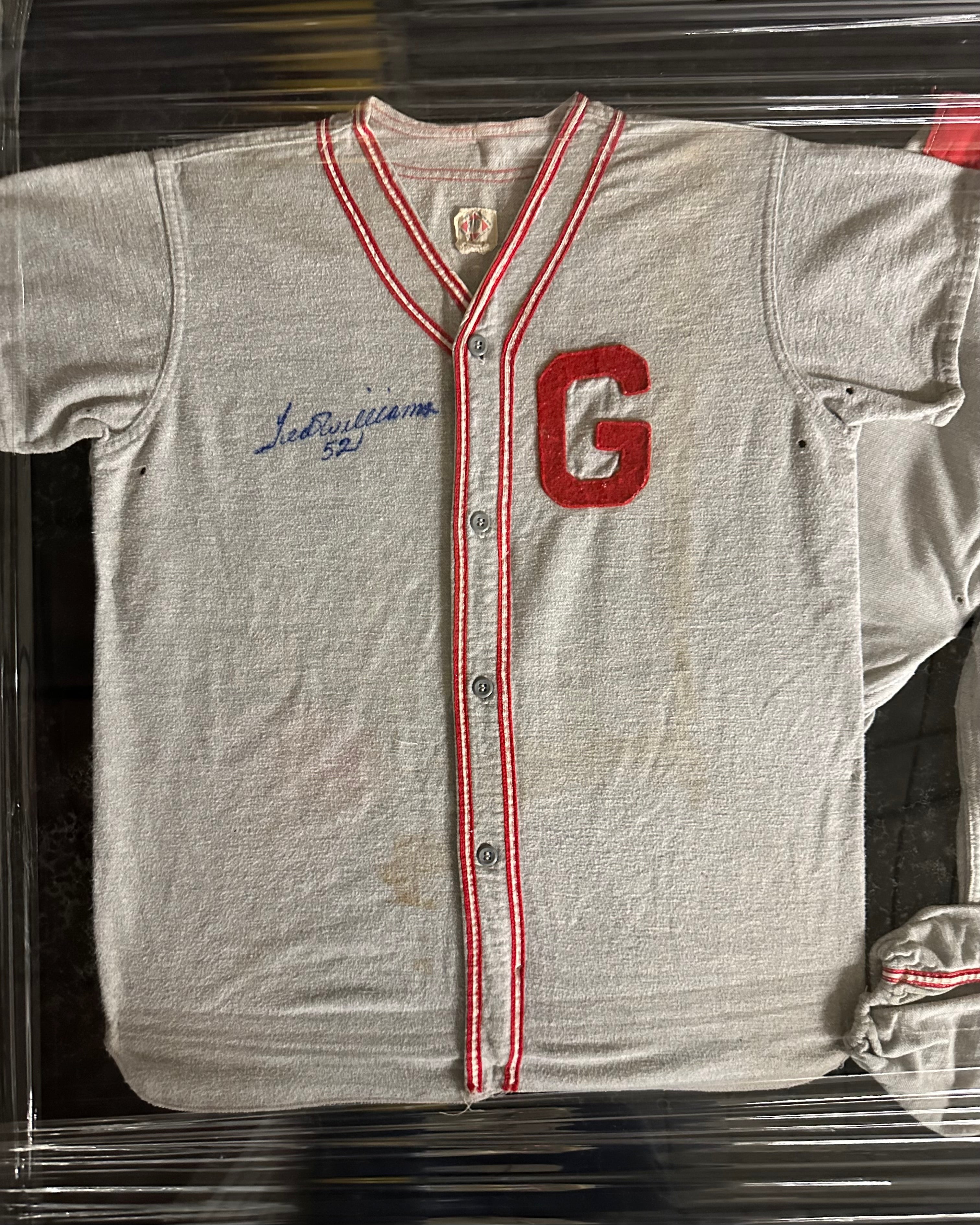 Ted Williams framed autographed Pony League Jersey with letter "G"