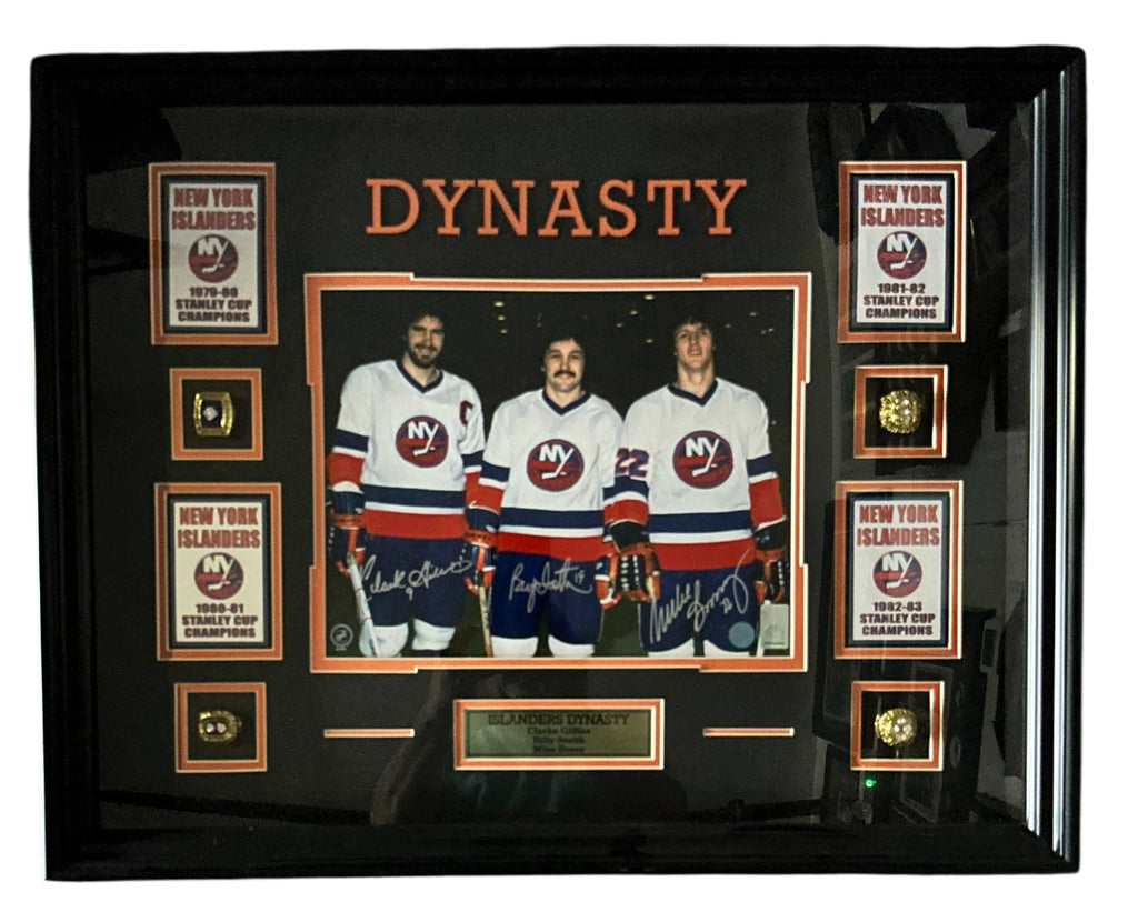 NY Islanders - Gillies, Smith & Bossy Dynasty autographed with 4 Replica Rings