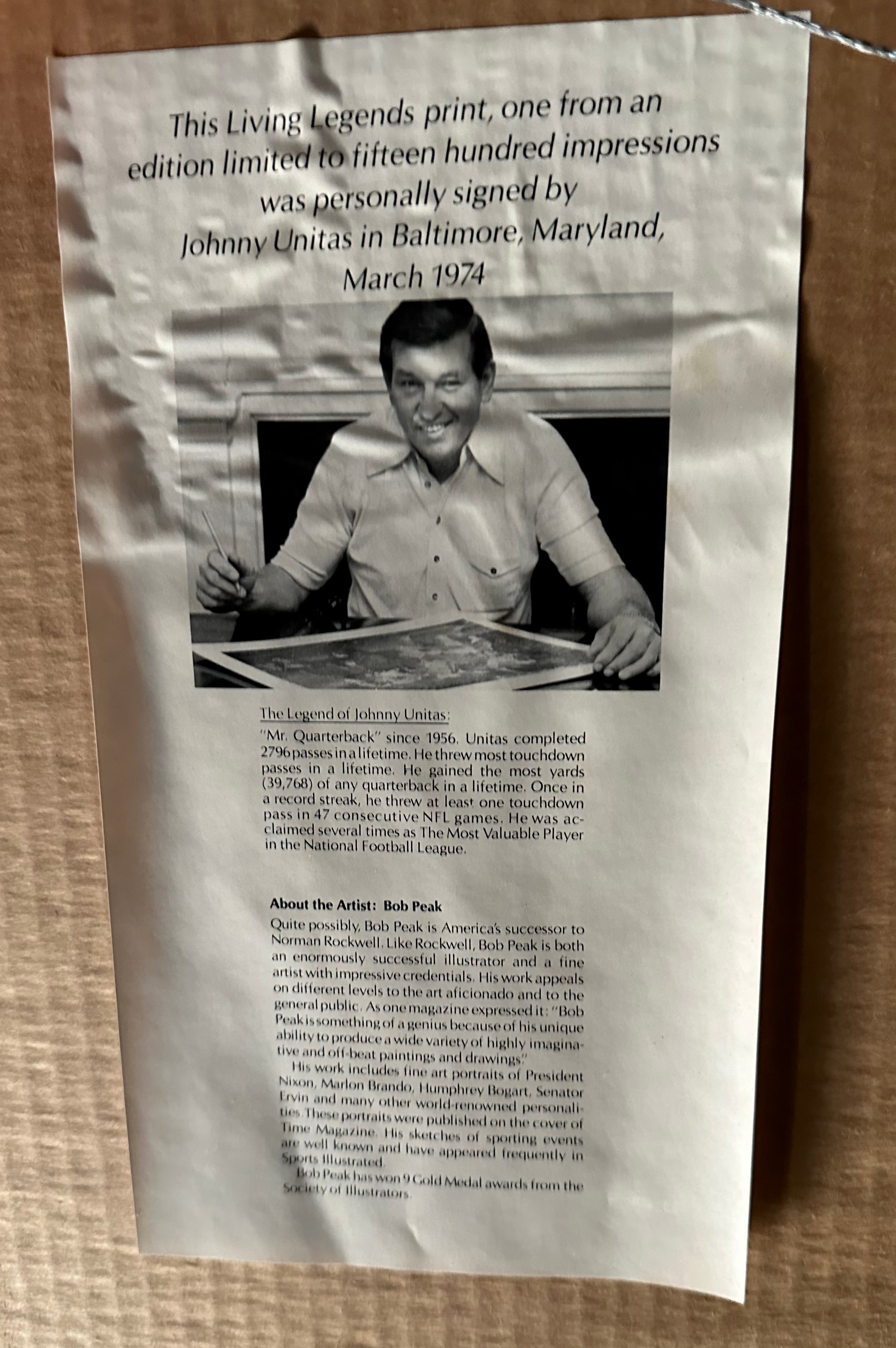 Johnny Unitas Colts QB -  Autographed Lithograph