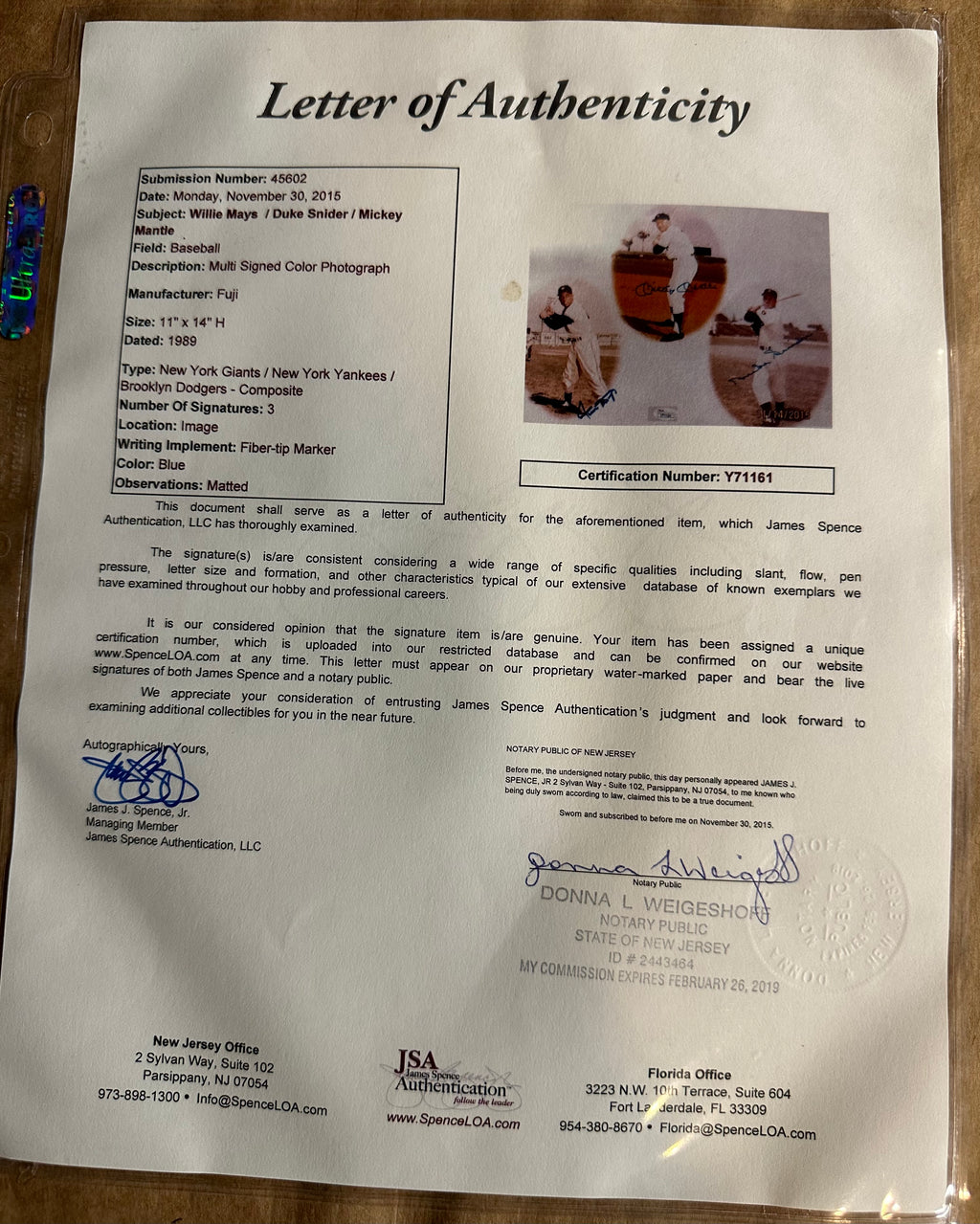 Willie Mays/Mickey Mantle & Duke Snider signed