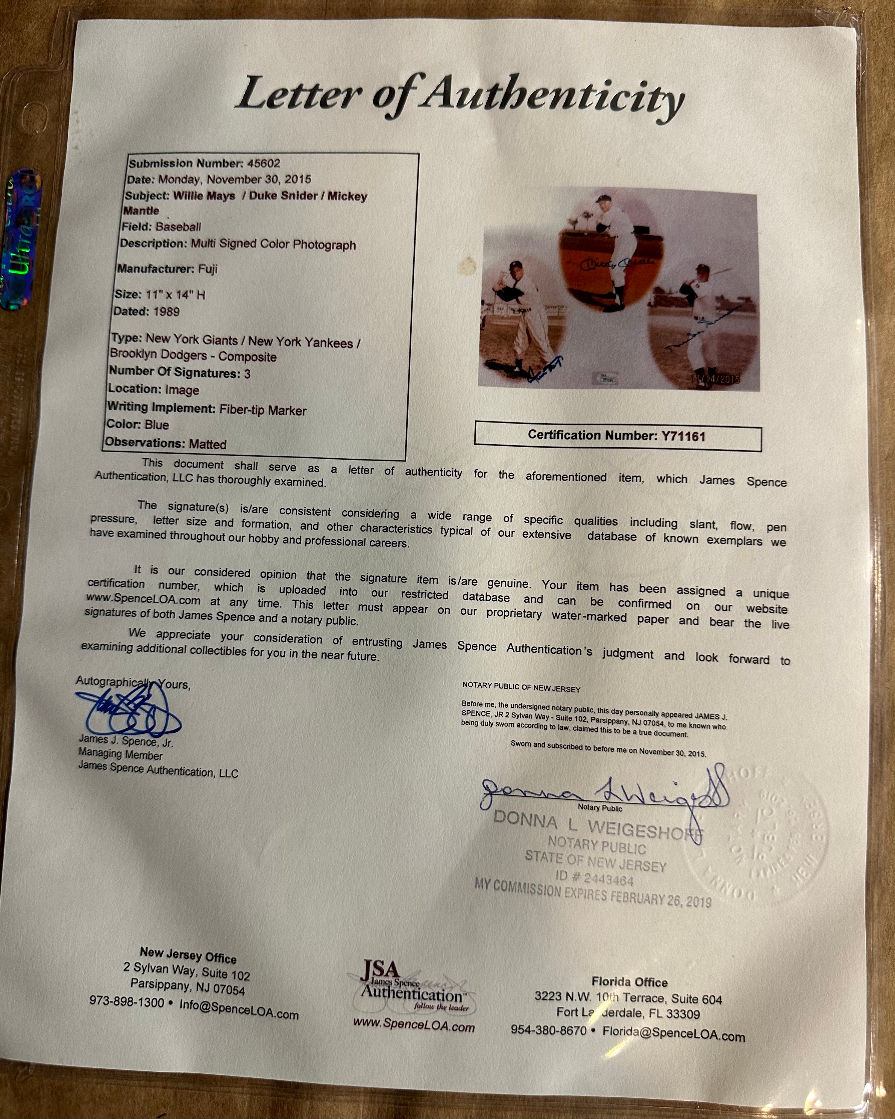 Willie Mays/Mickey Mantle & Duke Snider signed