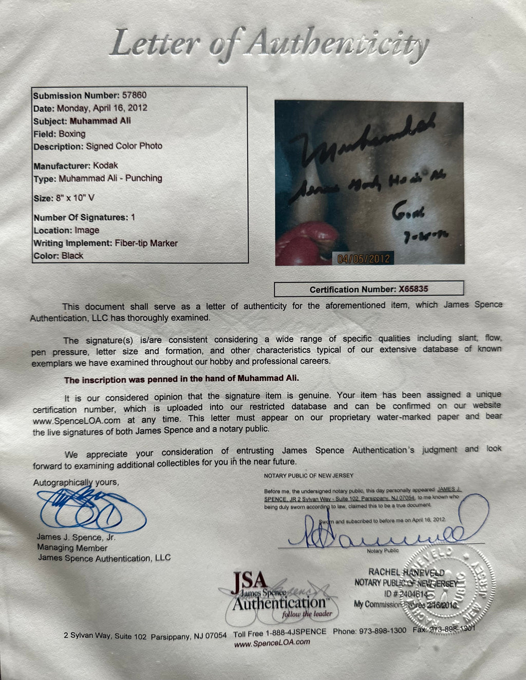 Muhammad Ali Autographed 8 x 10 photo and Boxing shorts