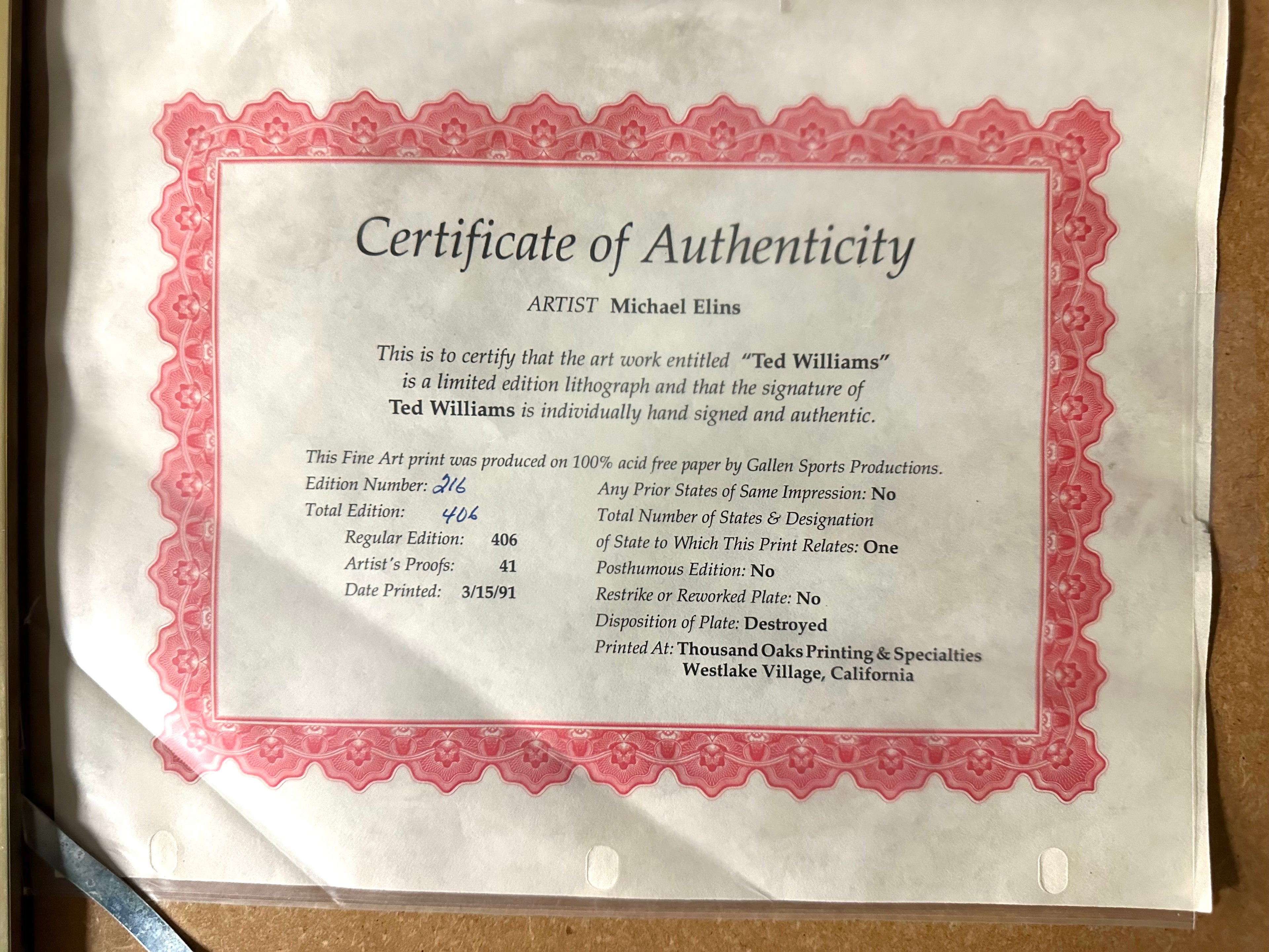 Boston Red Sox - Ted Williams autographed Lithograph collage with newspaper clip