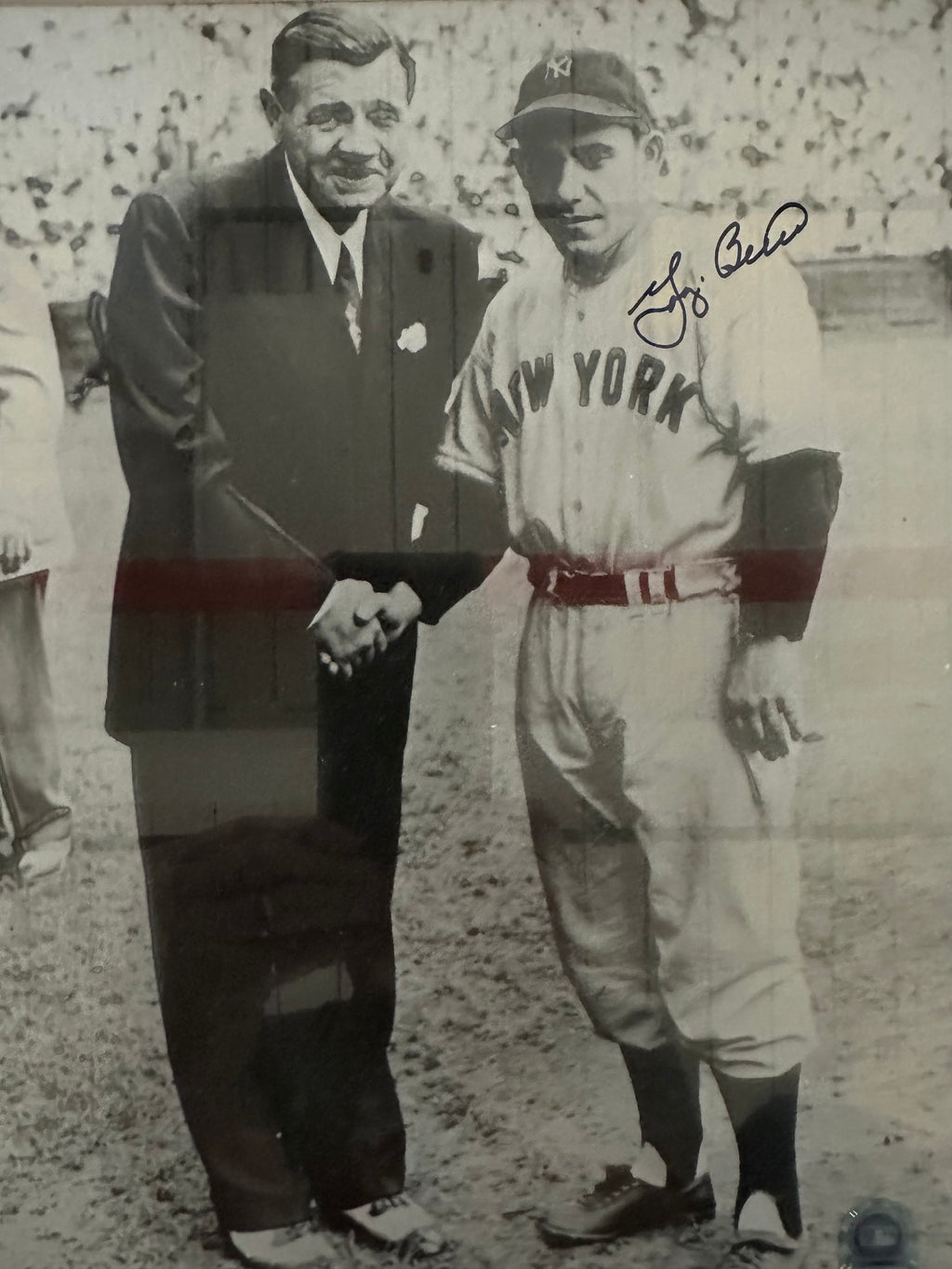 NY Yankees - "The Babe Greets Yogi" Yogi Berra Autographed 11x14 B&W Photo
