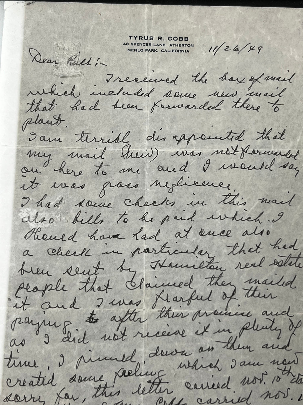Ty Cobb Handwritten Letter on Personal Stationary