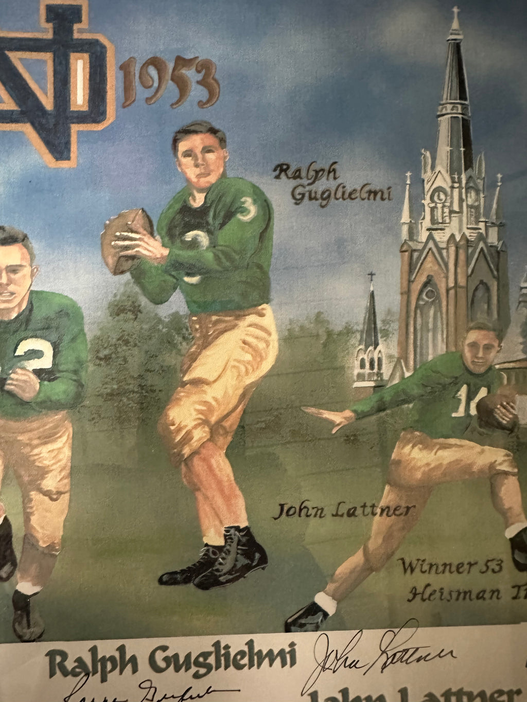 Notre Dame - Heisman Players watercolor with 4 autographs
