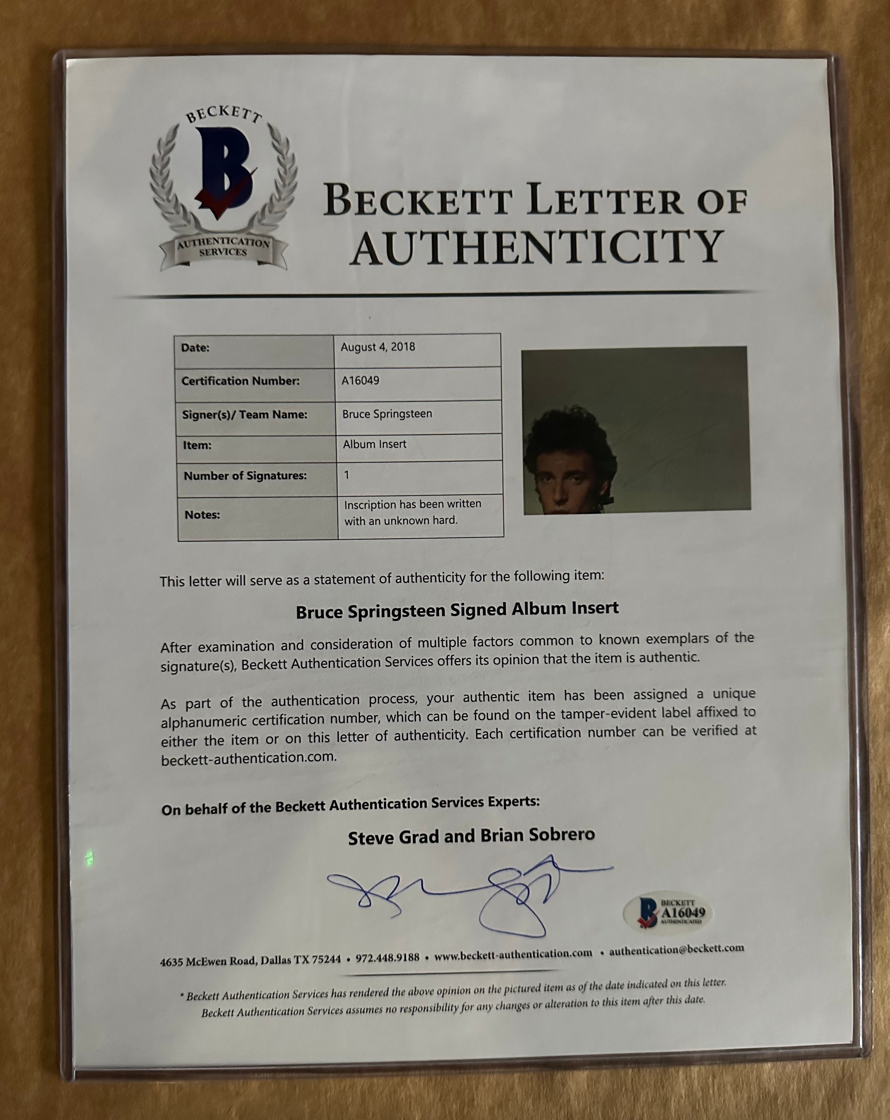 Bruce Springsteen Award Winner Autographed