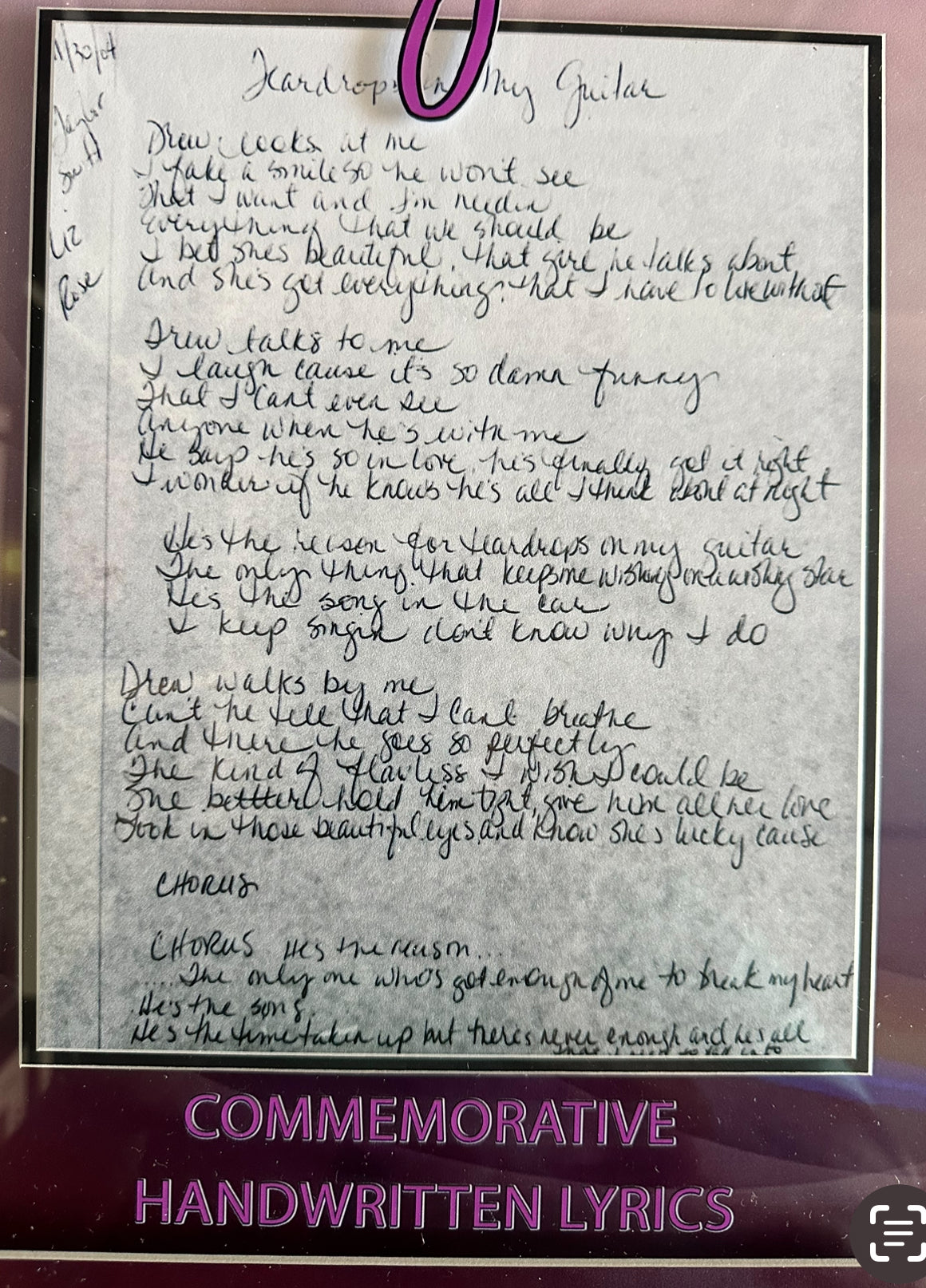 Taylor Swift "Teardrops On My Guitar" Handwritten Commemorative Lyrics