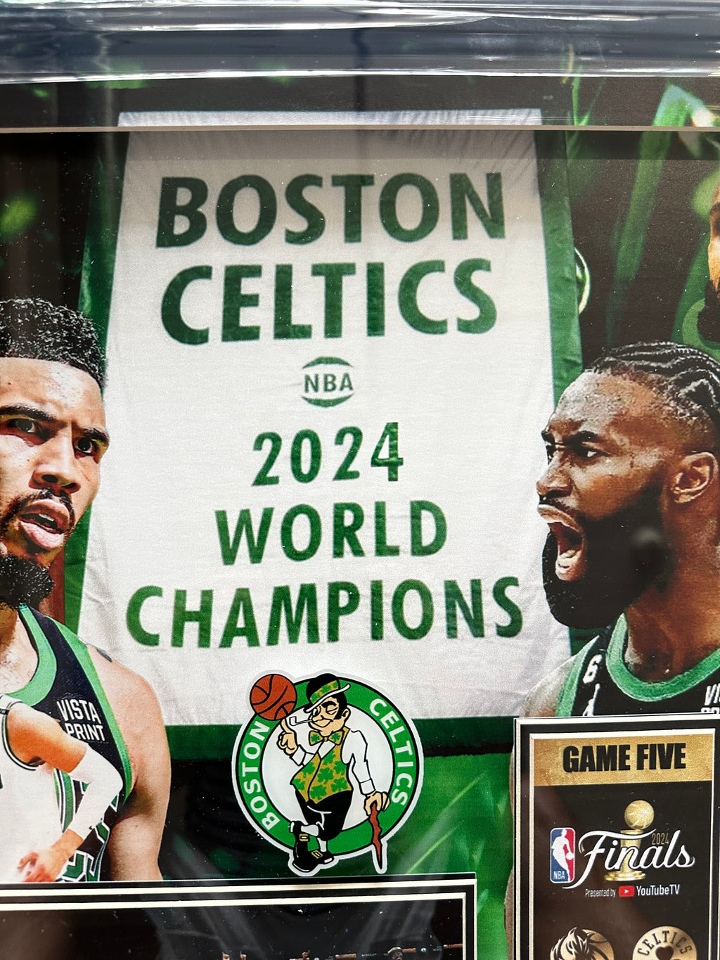 Boston Celtics 2024 World Champions with Facsimile Game 5 Ticket (27x27)