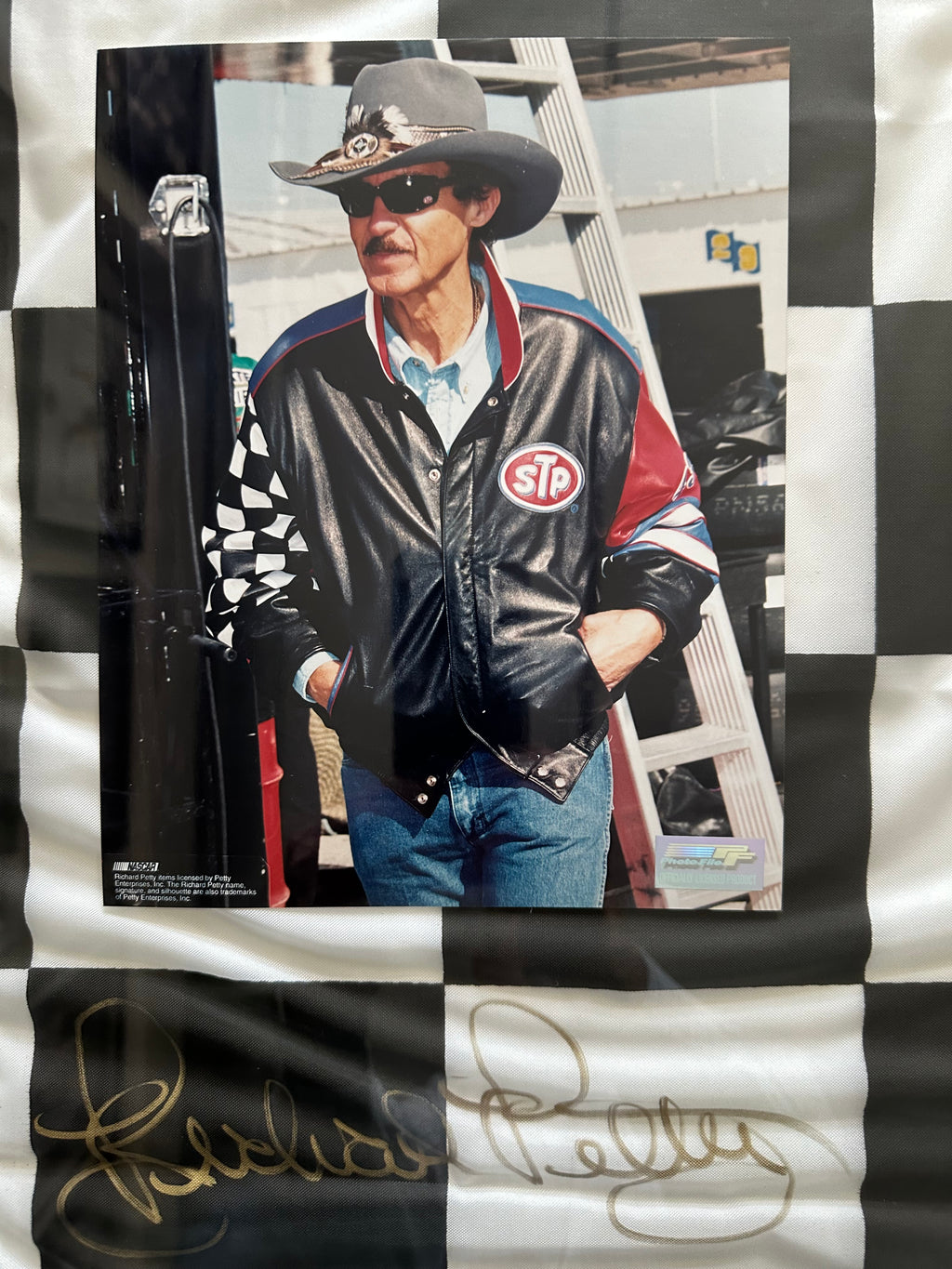 Richard Petty Photo with Autographed Photo NASCAR Racing Checkered Flag