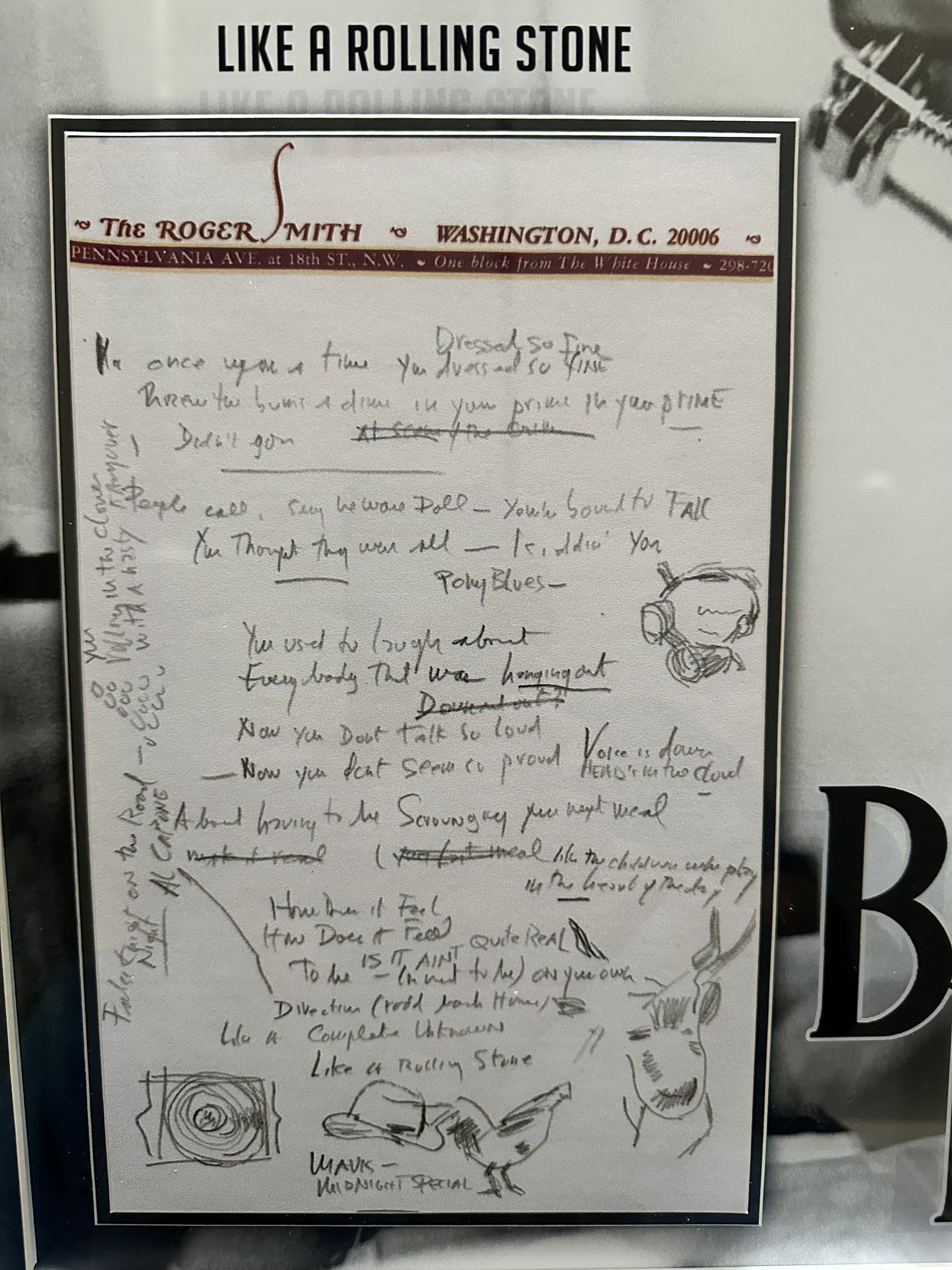 Bob Dylan with "Like a Rolling Stone" replica Lyrics
