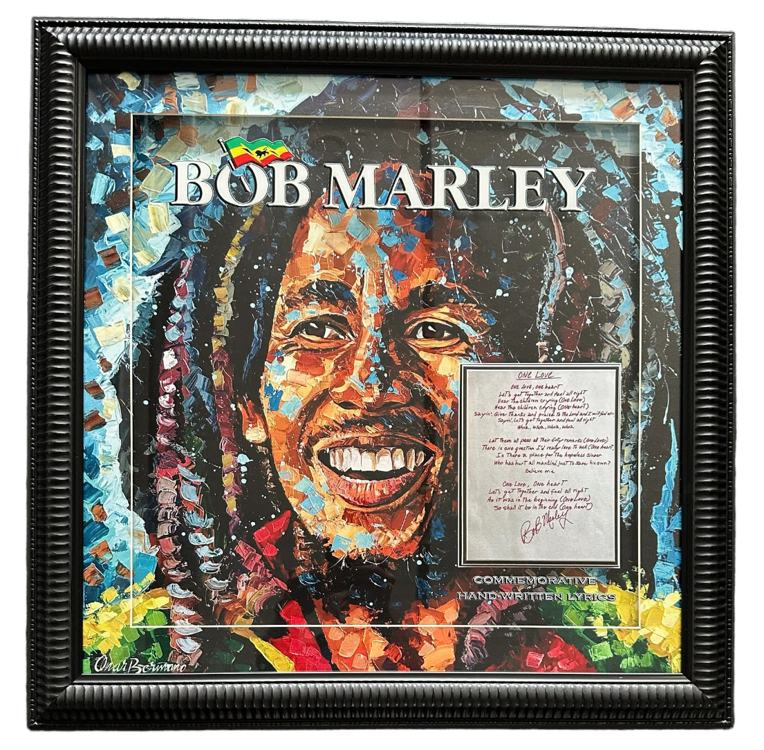 Bob Marley with "One Love" replica lyrics