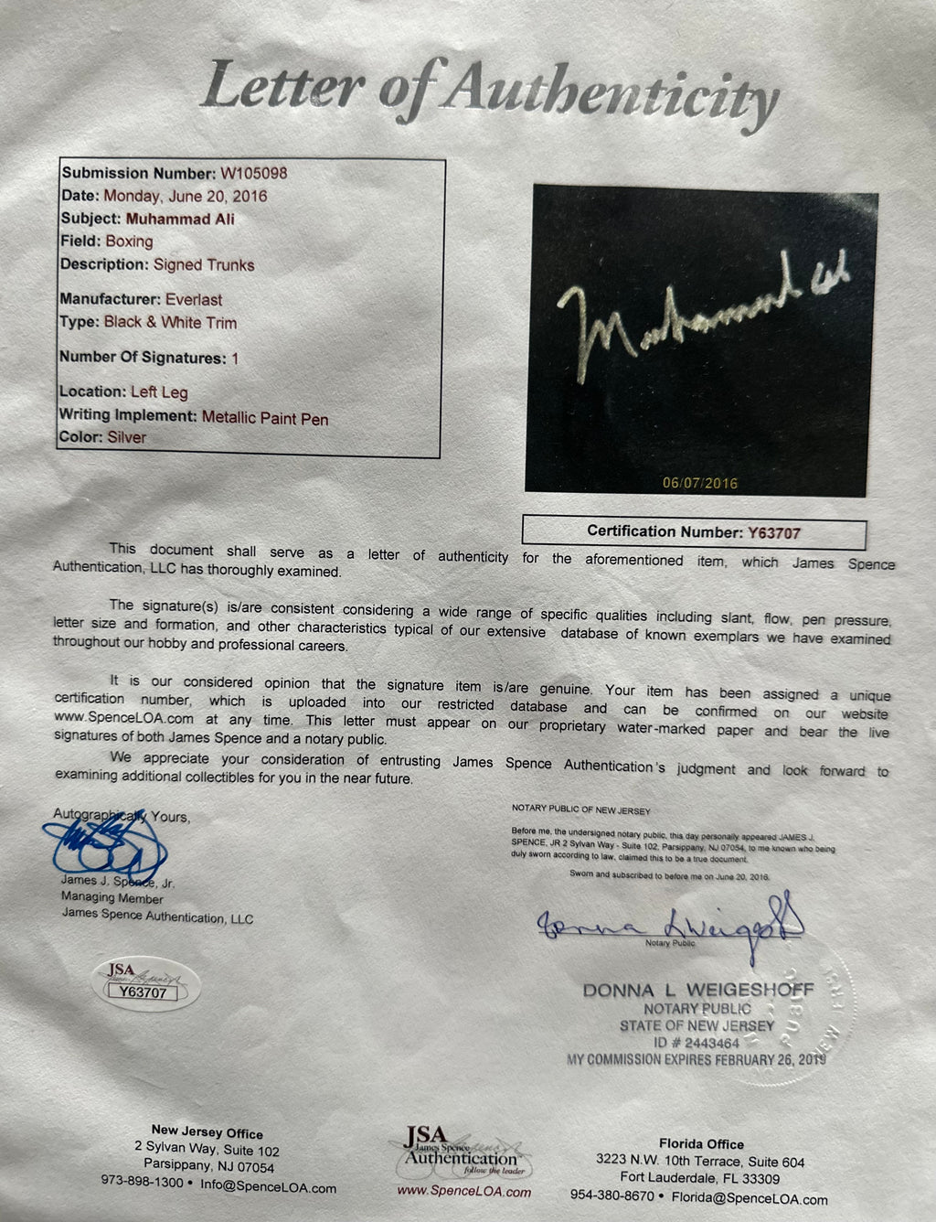 Muhammad Ali Autographed 8 x 10 photo and Boxing shorts