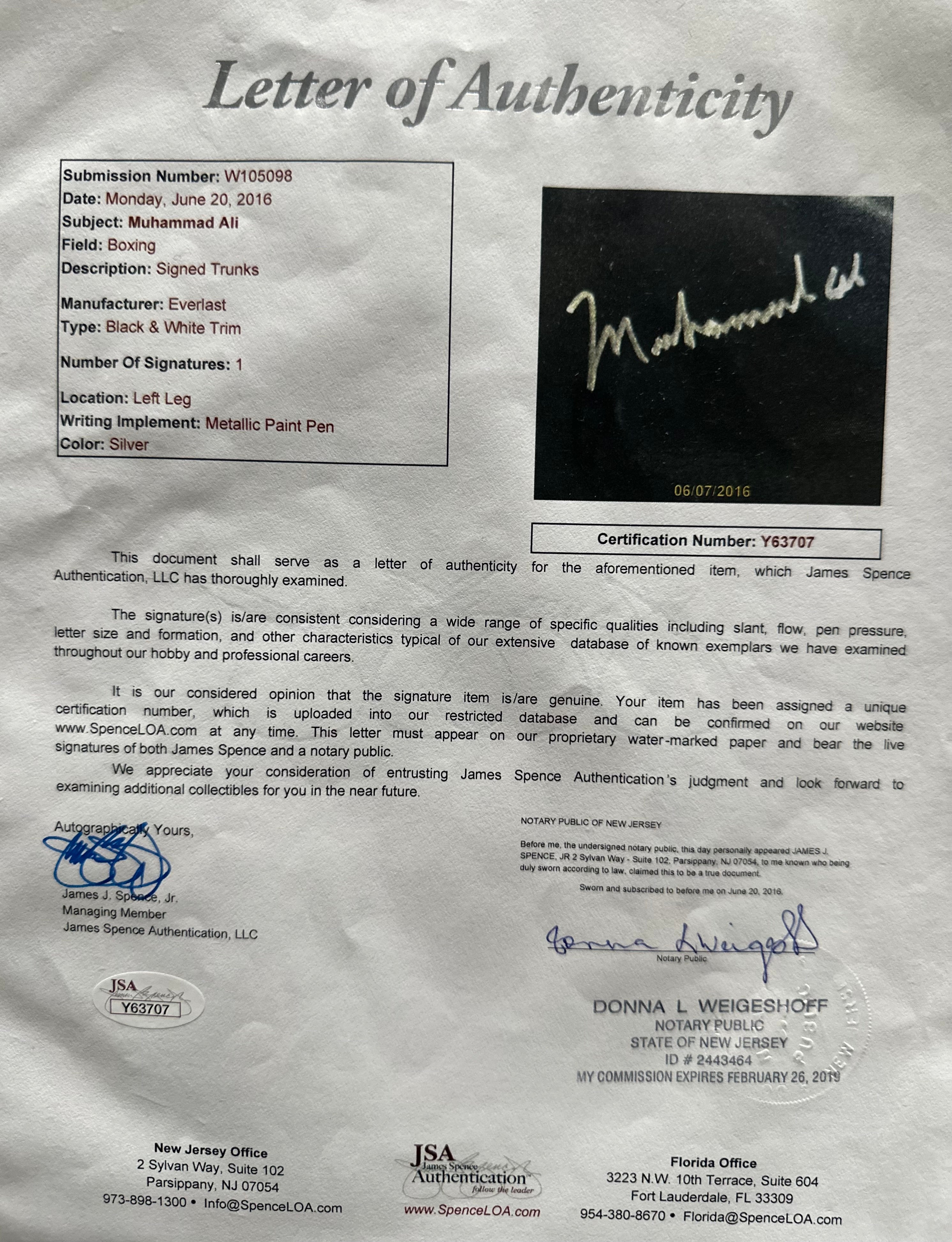 Muhammad Ali Autographed 8 x 10 photo and Boxing shorts