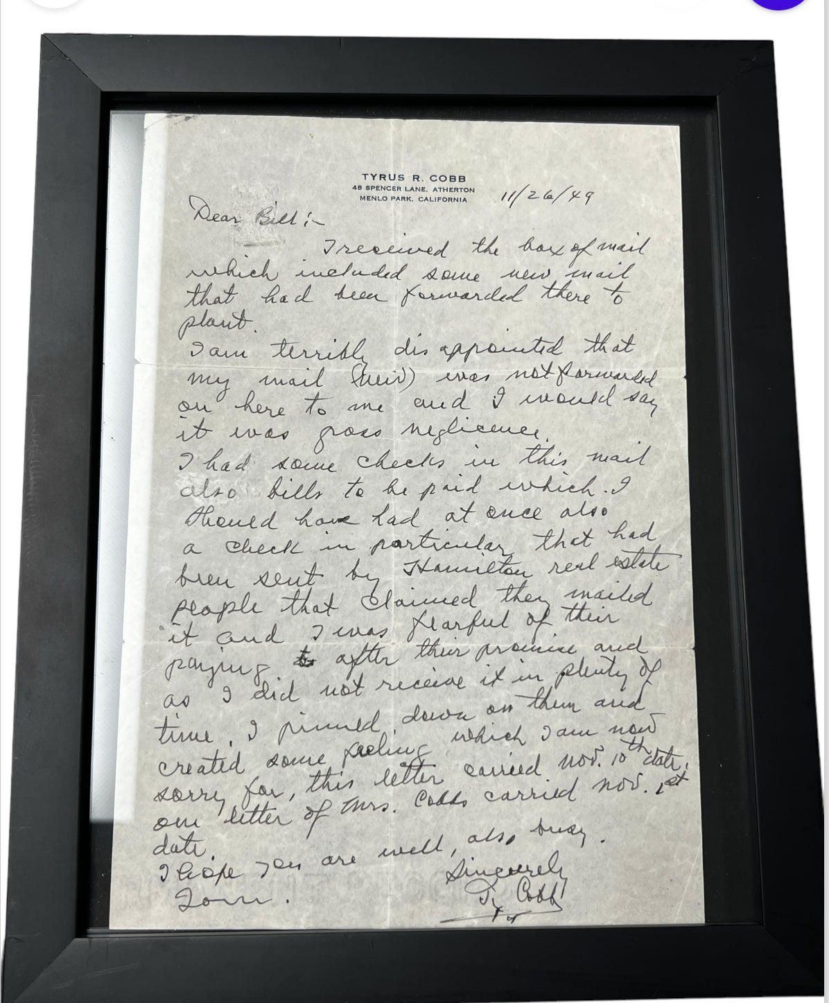 Ty Cobb Handwritten Letter on Personal Stationary