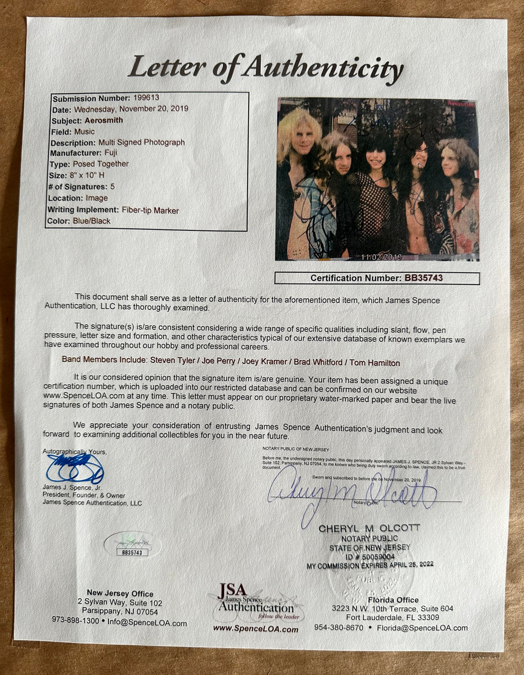 Aerosmith Band Autographed Photo