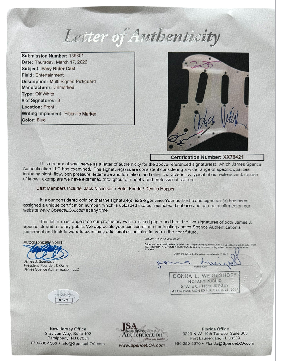 Easy Rider Autographed Guitar (Cast signed Nicholson, Fonda & Hopper)