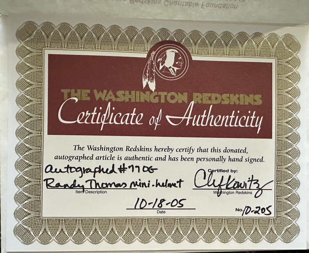 Washington (Commanders) - Randy Thomas Autographed Mini Helmet