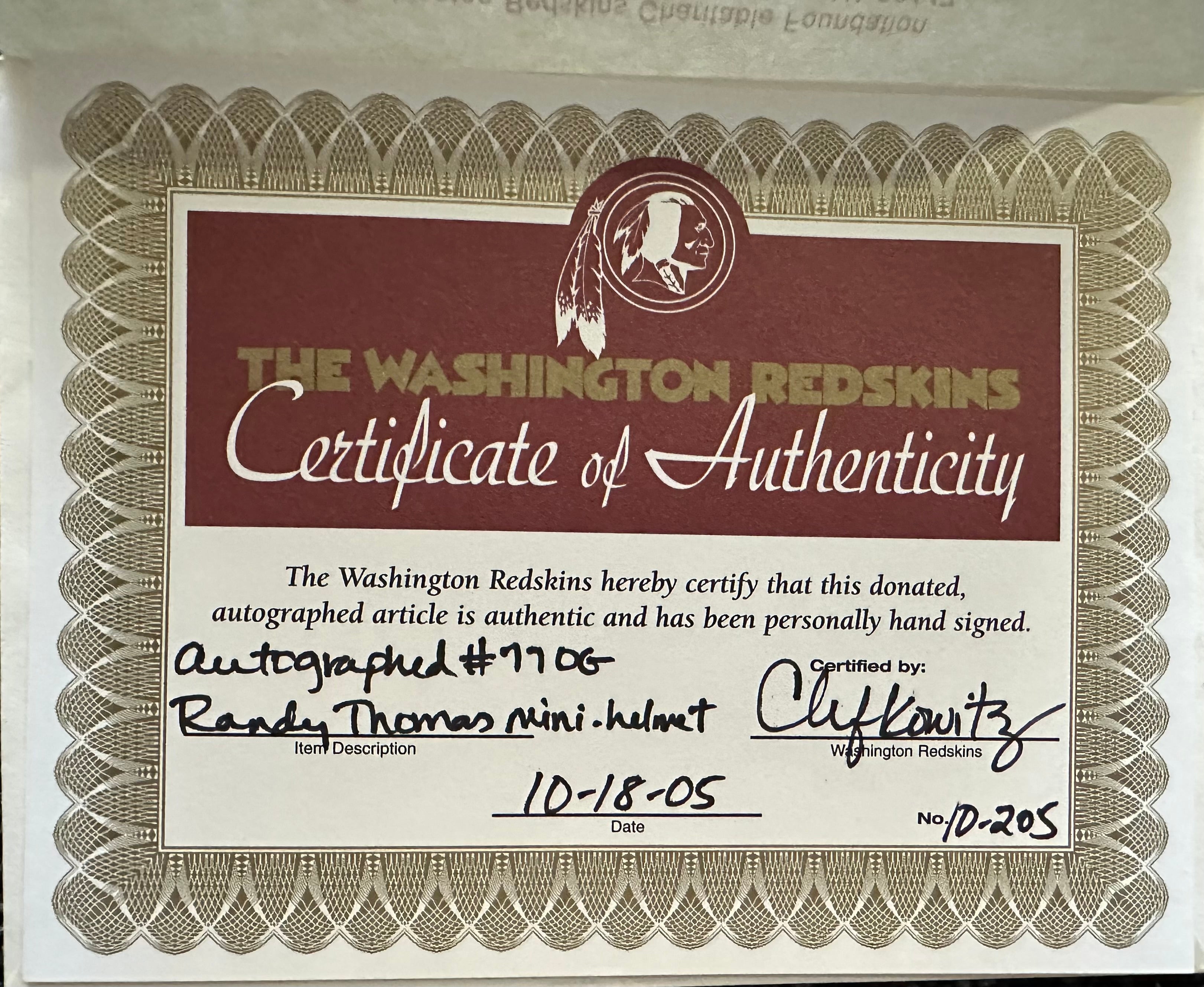 Washington (Commanders) - Randy Thomas Autographed Mini Helmet