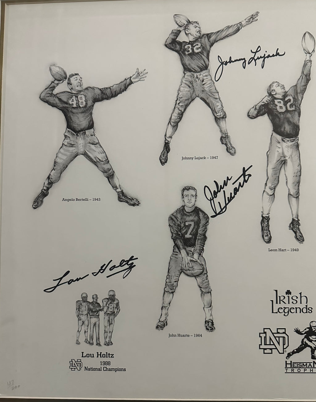 Notre Dame - Heisman Trophy winners Lithograph (5 player, 2 Coach Autographs)