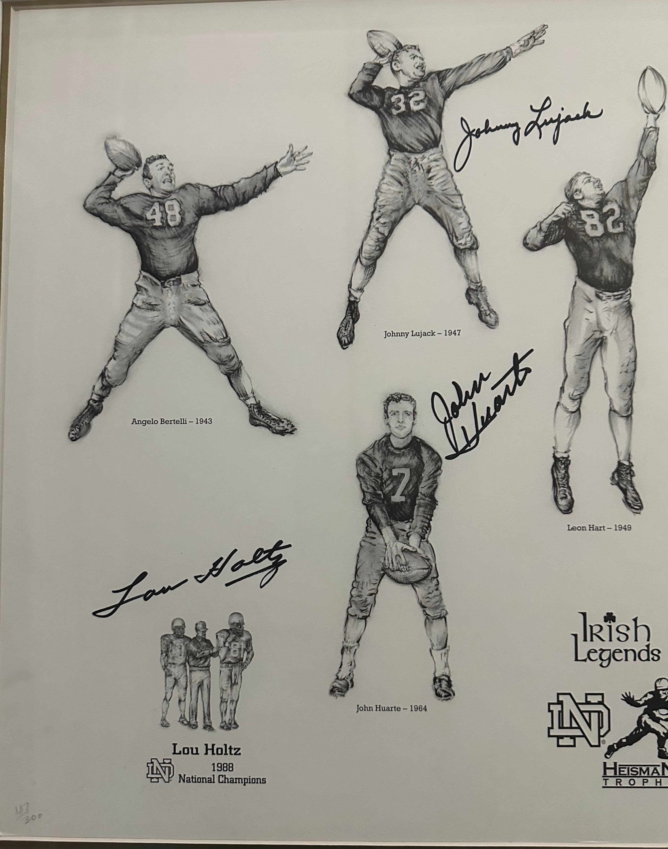 Notre Dame - Heisman Trophy winners Lithograph (5 player, 2 Coach Autographs)